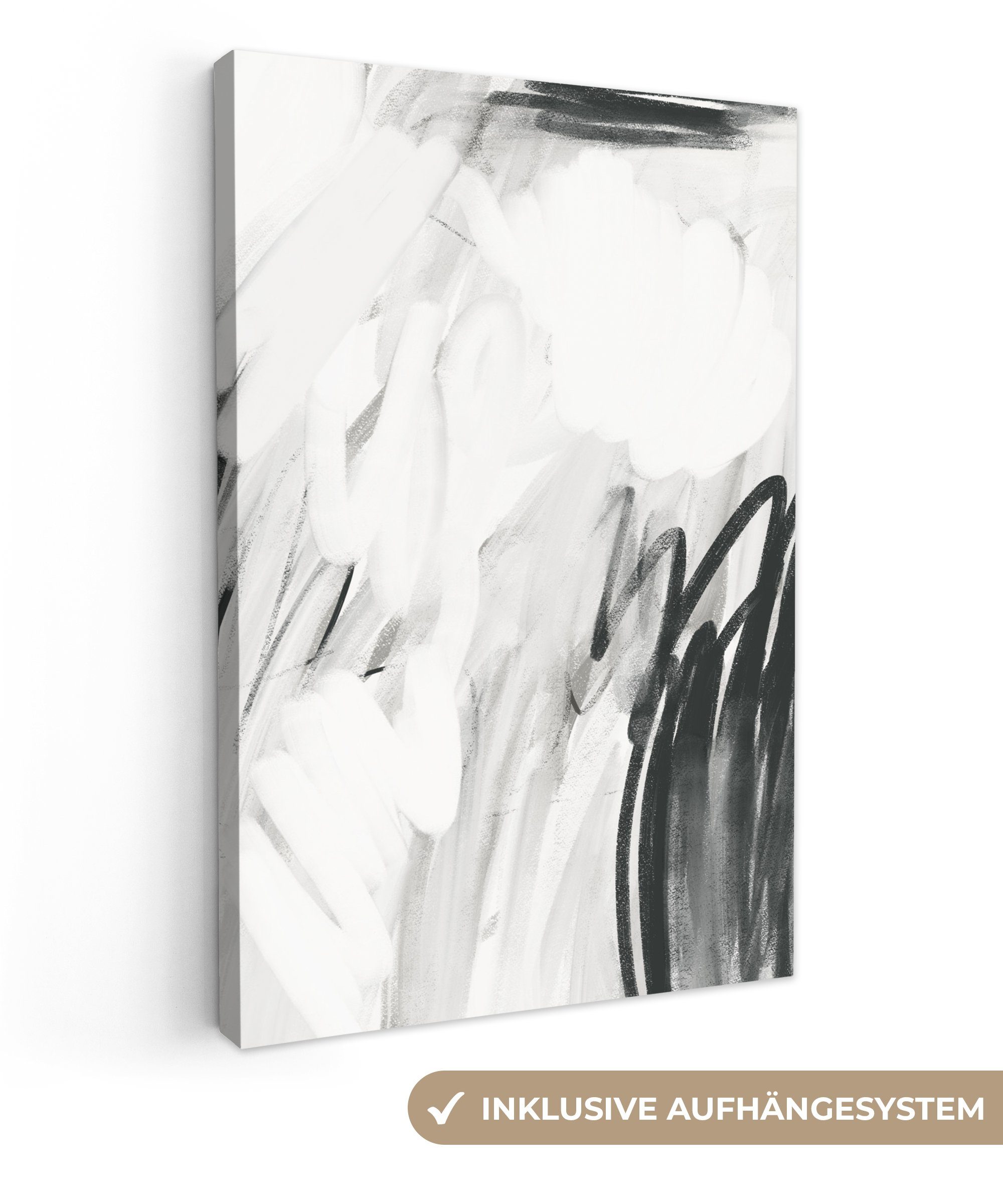 cm fertig St), - 20x30 bespannt Leinwandbild Kunst inkl. Schwarz Weiß Leinwandbild OneMillionCanvasses® Gemälde, - - Grau, Zackenaufhänger, (1