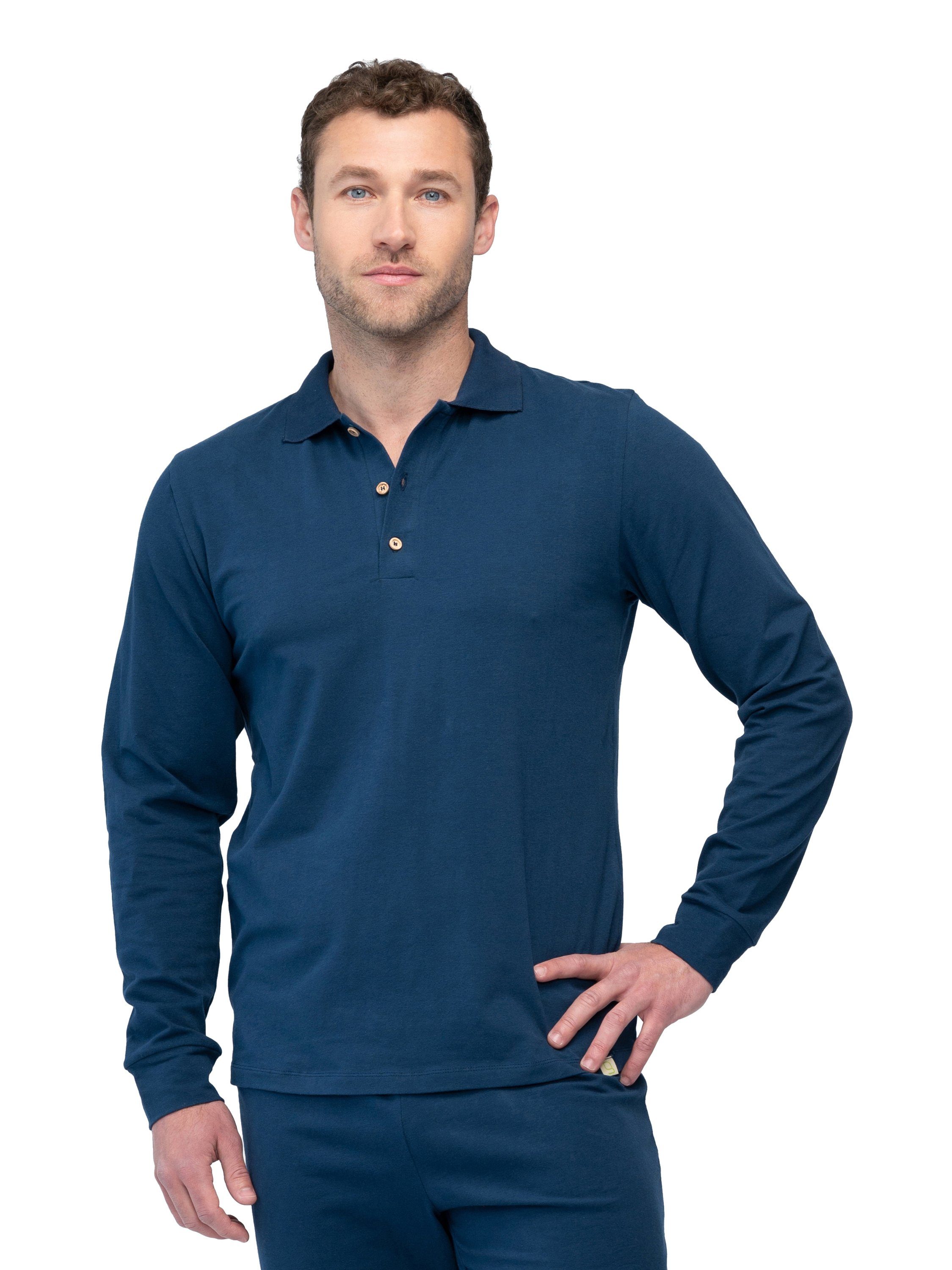 greenjama Pyjamaoberteil Herren Langarm-Shirt mit Polo-Kragen Bio-Baumwolle