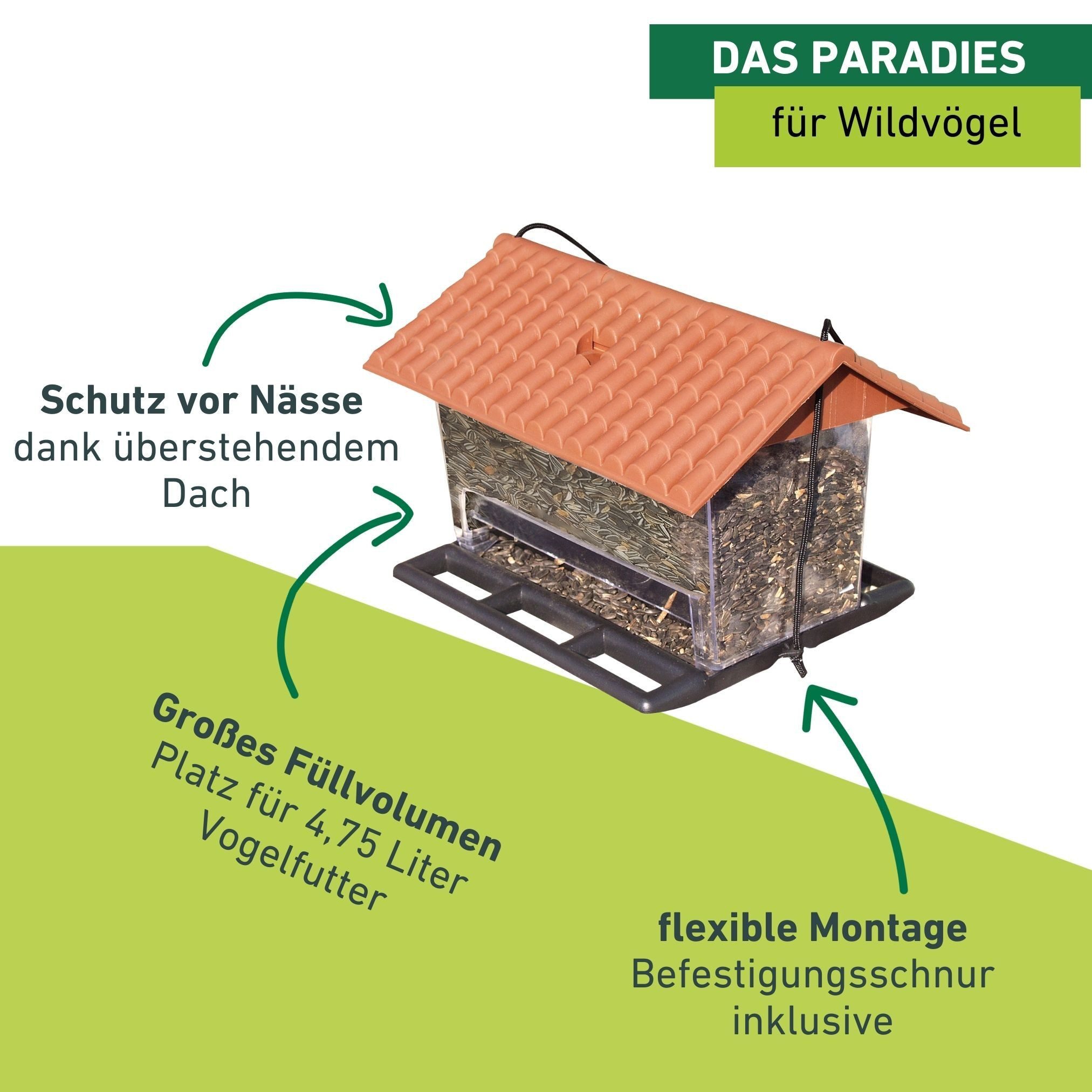 Windhager Vogelhaus Ranch, Vogelfutterhaus für Wildvogelarten, Futterstation inkl. Aufhängung, Füllmenge ca. 4,75 L, 31 x 22 x 20cm