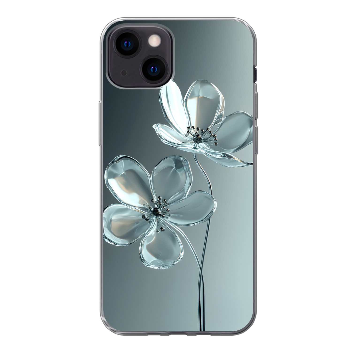 MuchoWow Handyhülle für Apple iPhone 13 Kristall - Blumen - Grau, Smartphone-Bumper, Print, Handy Schutzhülle Dünn