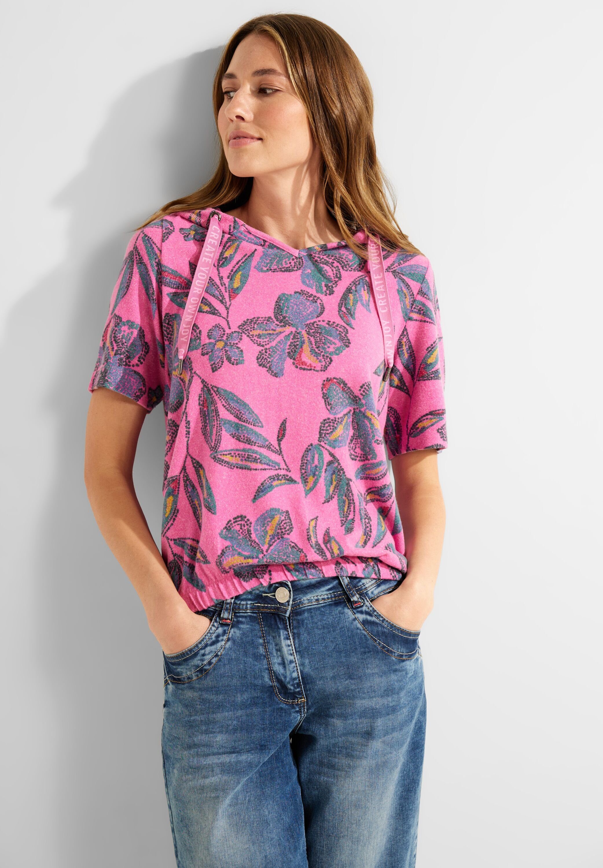 Cecil Kapuzenshirt mit allover Blumenprint cool pink melange | T-Shirts