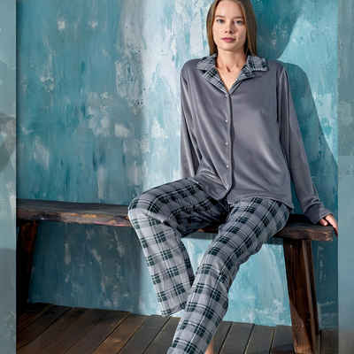 fashionshowcase Schlafanzug Pyjama Set Damen Schlafanzug Langärmlig Samt Nachtwäsche Viskose (Hose + Nachthemd) mit Kragen