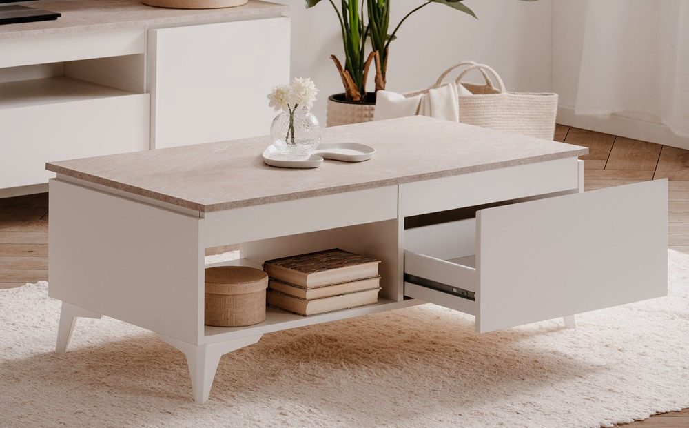 Finori Couchtisch Couchtisch Bertrix, Sandstein / Weiß (no-Set), Breite 100 cm,Tischplatte aus Sandstein