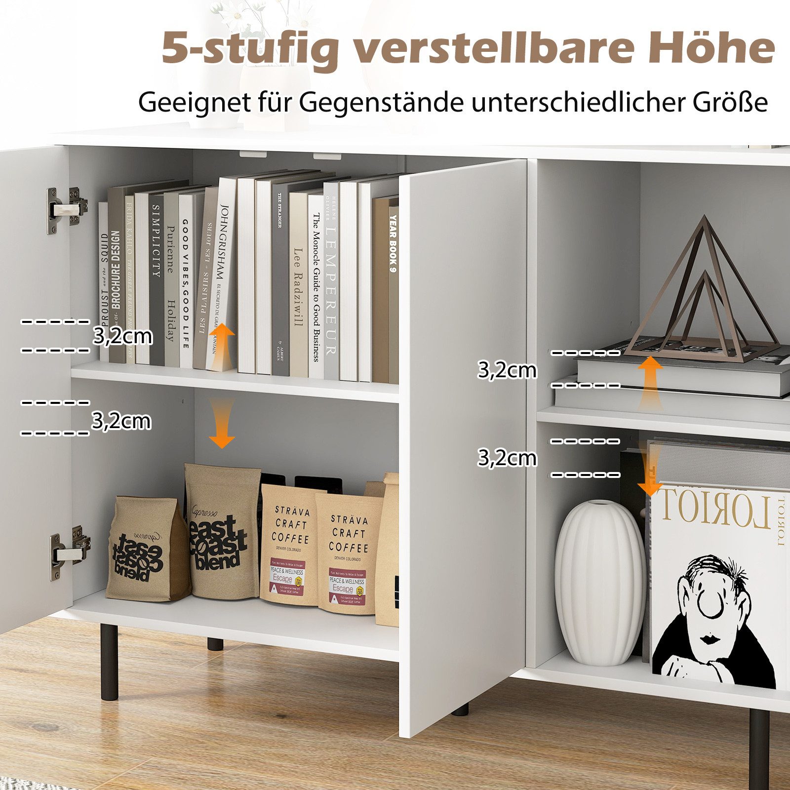 COSTWAY Sideboard Küchenschrank Anrichteschrank, mit verstellbaren Ablagen, 106cm – Bild 4 von 5