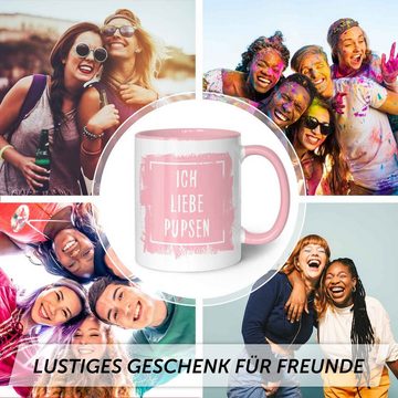 GRAVURZEILE Tasse mit Spruch - Ich liebe Pupsen - Langlebiger Druck - Lustiges Geschenk, aus Keramik - Spülmaschinenfest, Farbe: Rosa