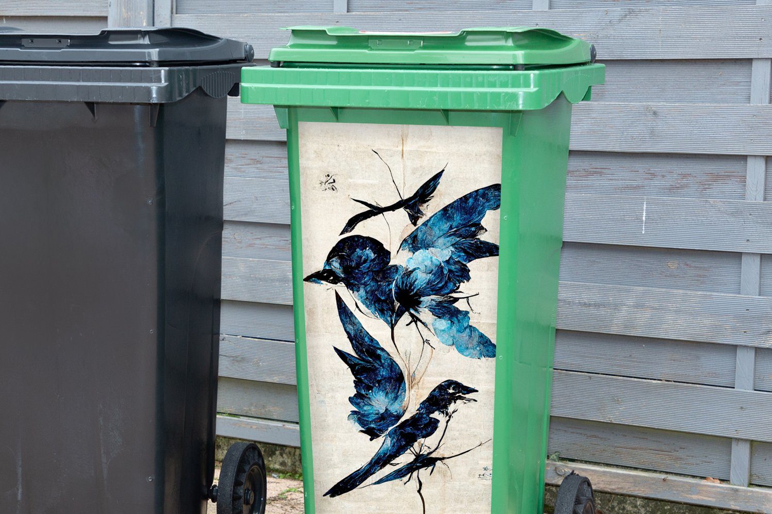 MuchoWow Wandsticker Vögel - Container, St), Sticker, Mülleimer-aufkleber, Tiere Vintage (1 Abfalbehälter Mülltonne, Blau - 