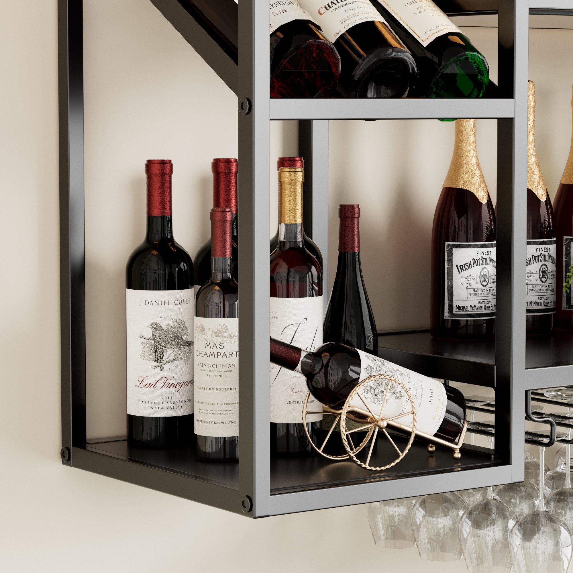 TWSOUL Weinregal Modernes Wand-Weinregal aus Metall mit 3 Ebenen und Glashalter, Modernes Weinregal für Küche, Hausbar & Esszimmer, Schwarz