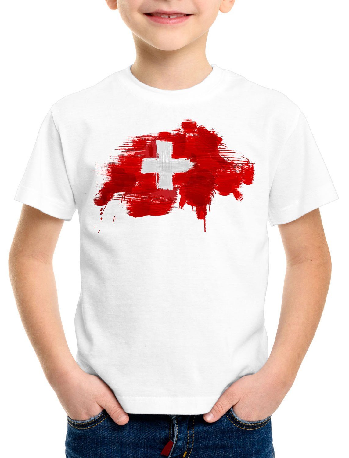 style3 Print-Shirt Kinder T-Shirt Flagge Schweiz Fußball Sport Suisse WM EM  Fahne