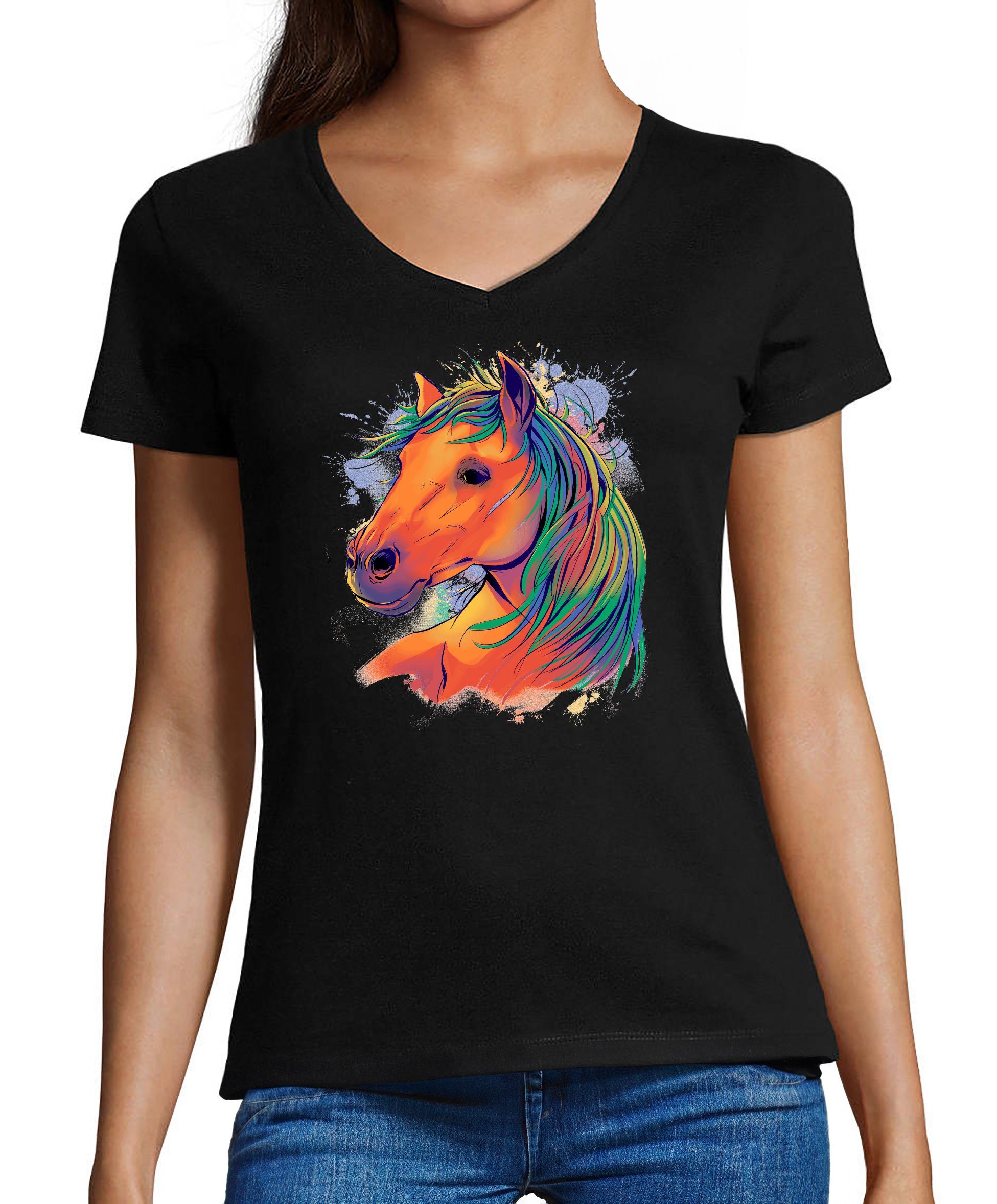 MyDesign24 T-Shirt Damen Pferde Print Shirt bedruckt - Pferdekopf in Ölfarben V-Ausschnitt Baumwollshirt mit Aufdruck, Slim Fit, i167
