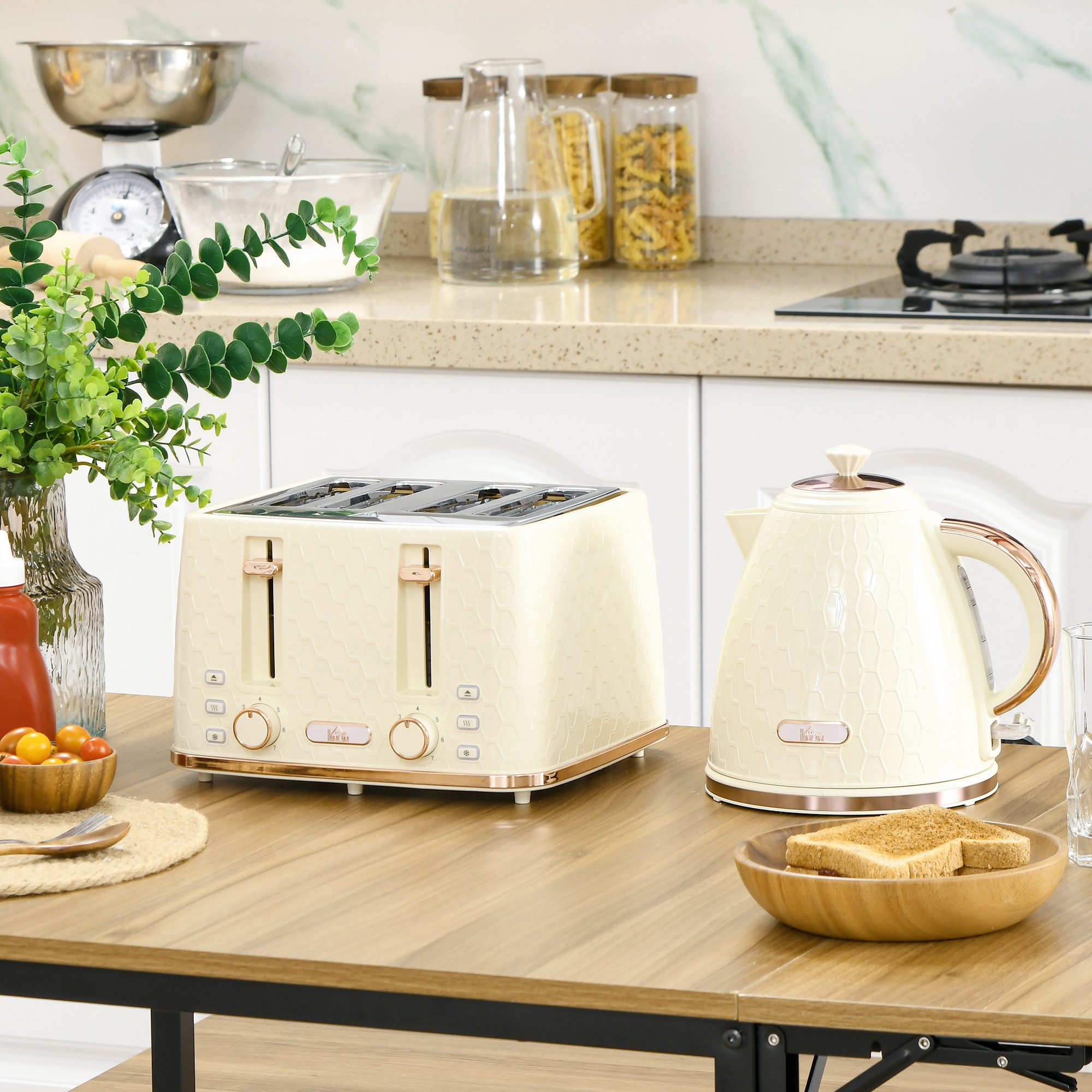 HOMCOM Toaster 1,7L Елктрочайники 4 Toastscheiben, Frühstücksset, 4 Schlitze, für 4 Scheiben, 2200 W, mit automatischer Abschaltung, Auftau- & Aufwärmfunktion, Beige