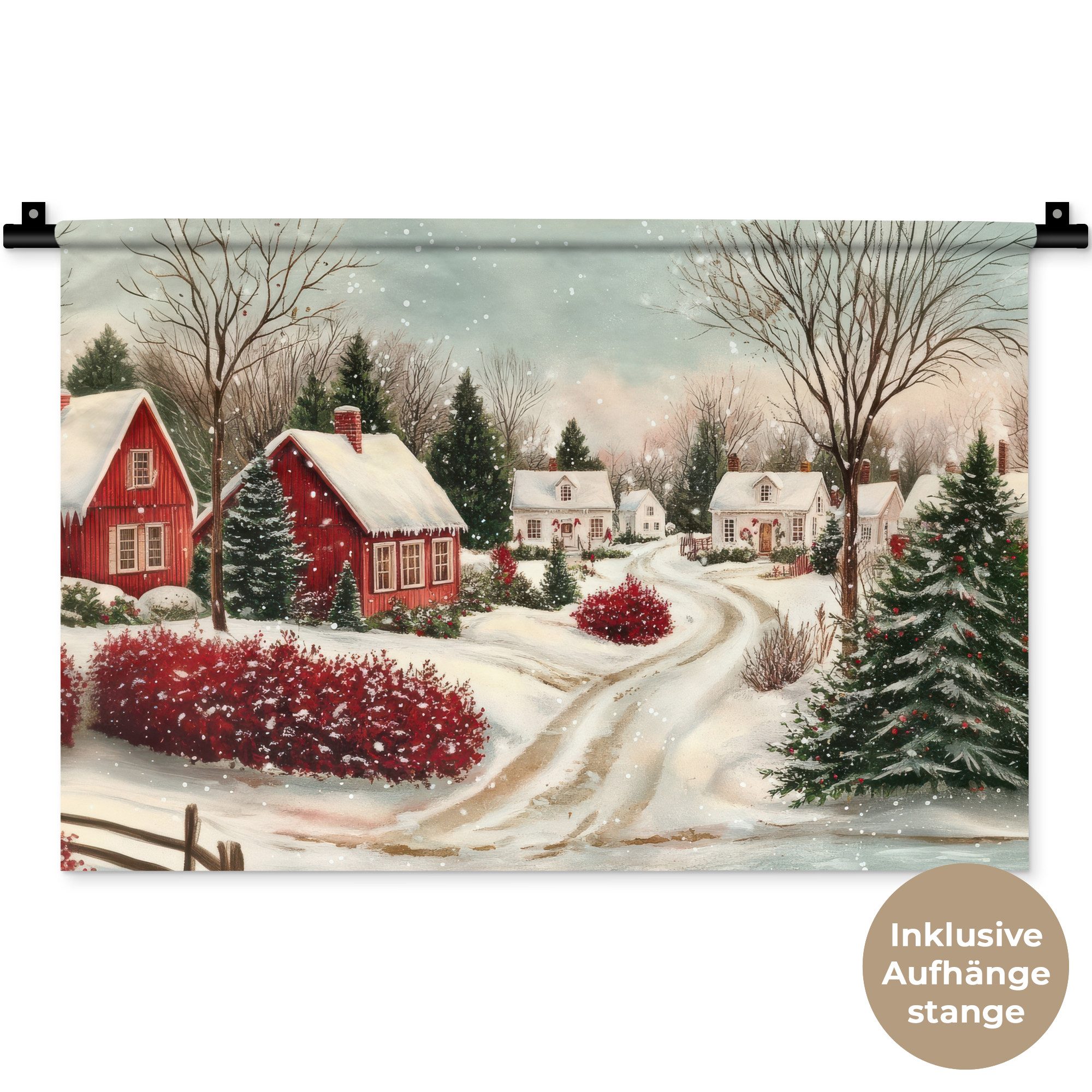 MuchoWow Wandteppich Weihnachtsstimmung - Ländlich - Rot, Rechteckig, Höhe: 3 mm, Wandteppich für Wohnzimmer, Schlafzimmer, 60x40 cm