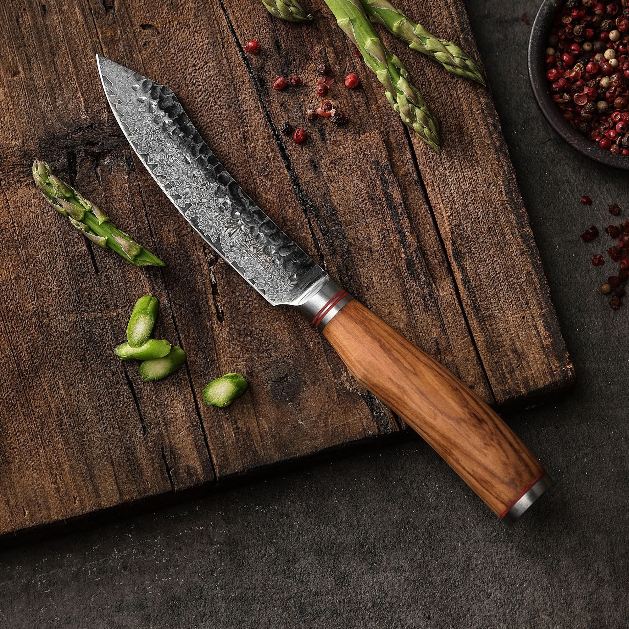 Wakoli Steakmesser aus echtem Damaststahl I 12,5 cm Klinge Hammerschlag Olivenholzgriff (1 Stück), aus 67 Lagen Damaststahl, VG10