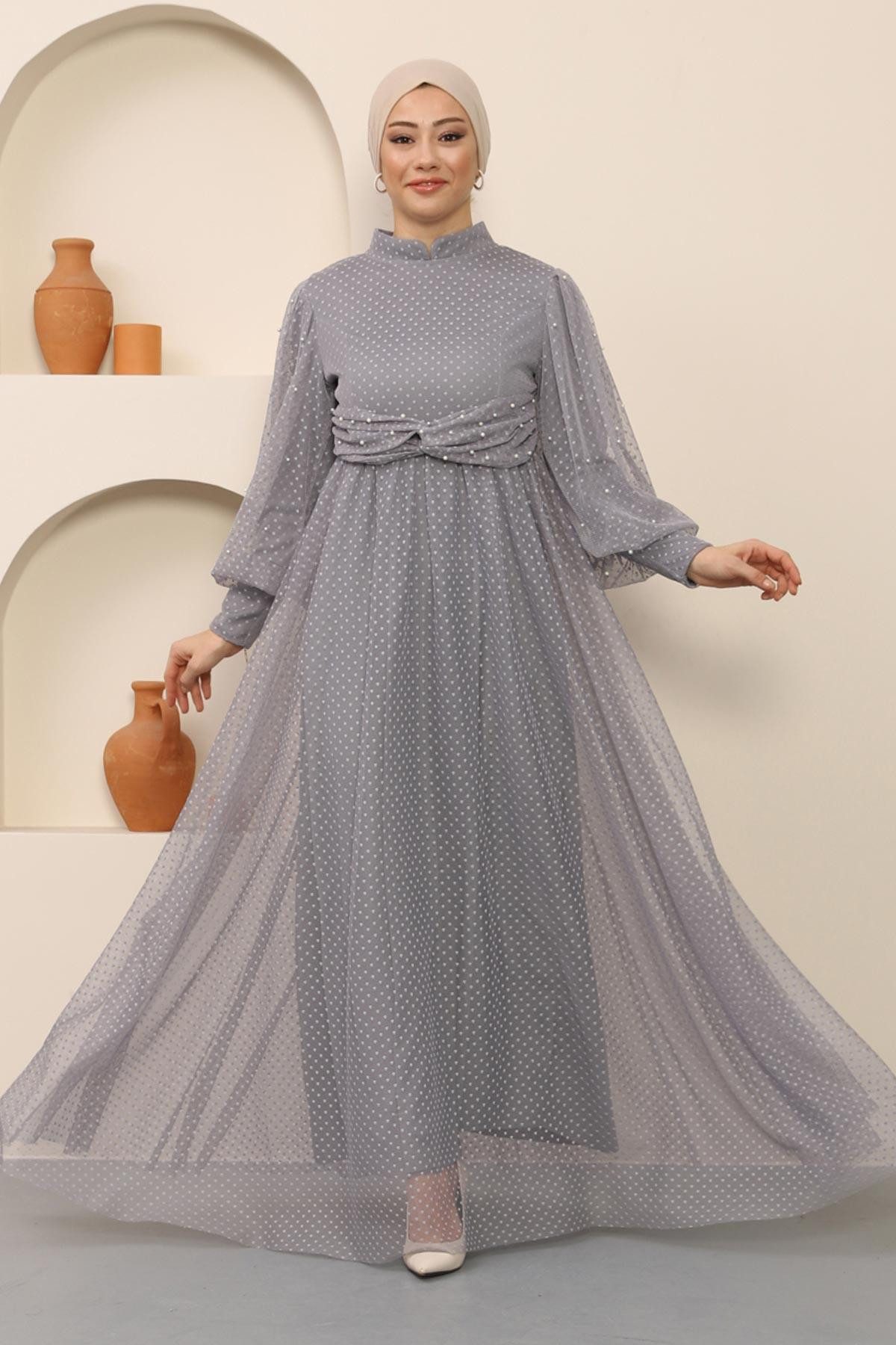 MODAMİHRAM Abendkleid Perlenbesetztes Tüll-Abendkleid Grau MSW12238-5