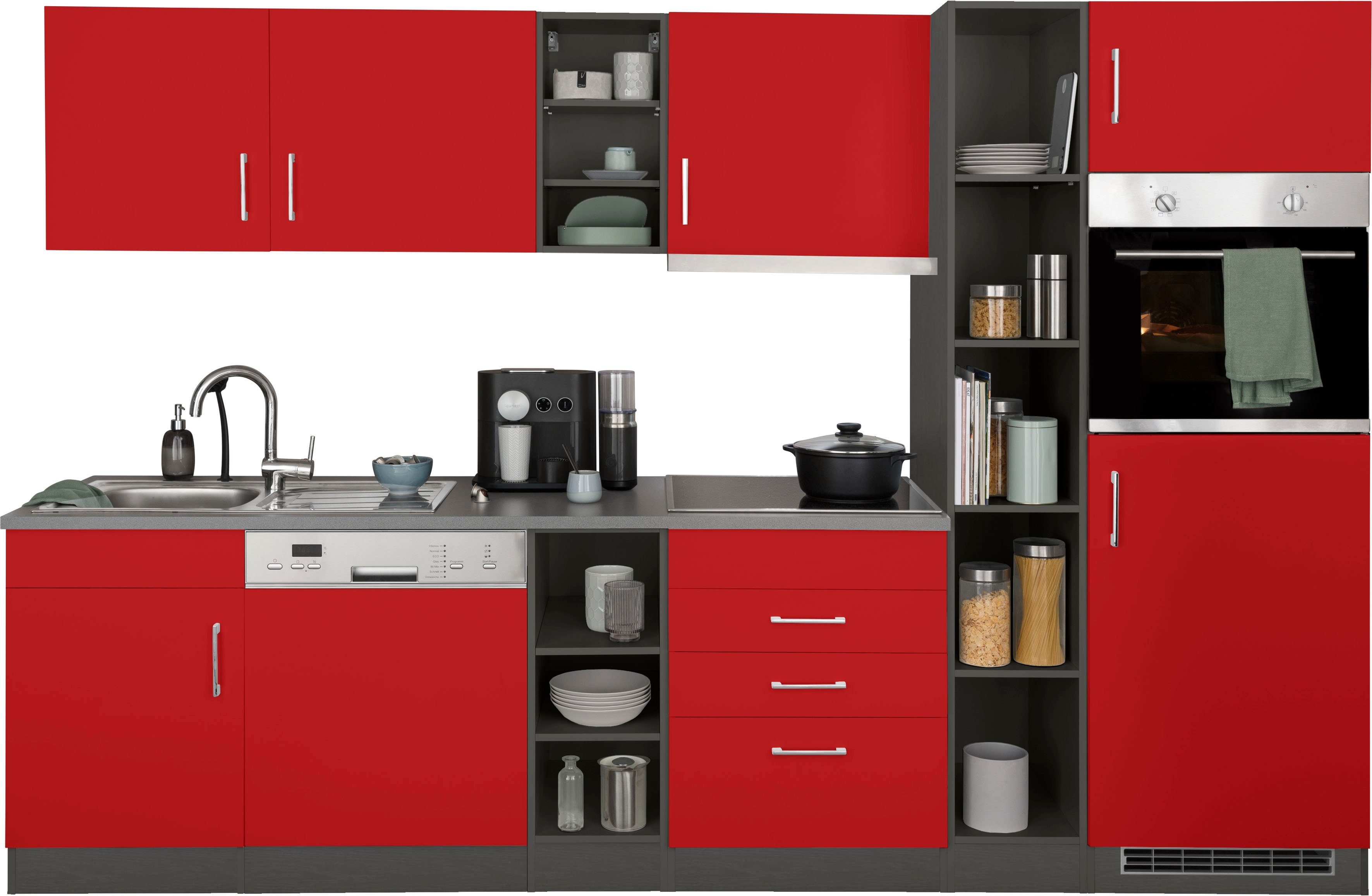 HELD MÖBEL Küchenzeile Paris, mit E-Geräten, Breite 290 cm, wahlweise mit Induktionskochfeld rot/grafit | grafit