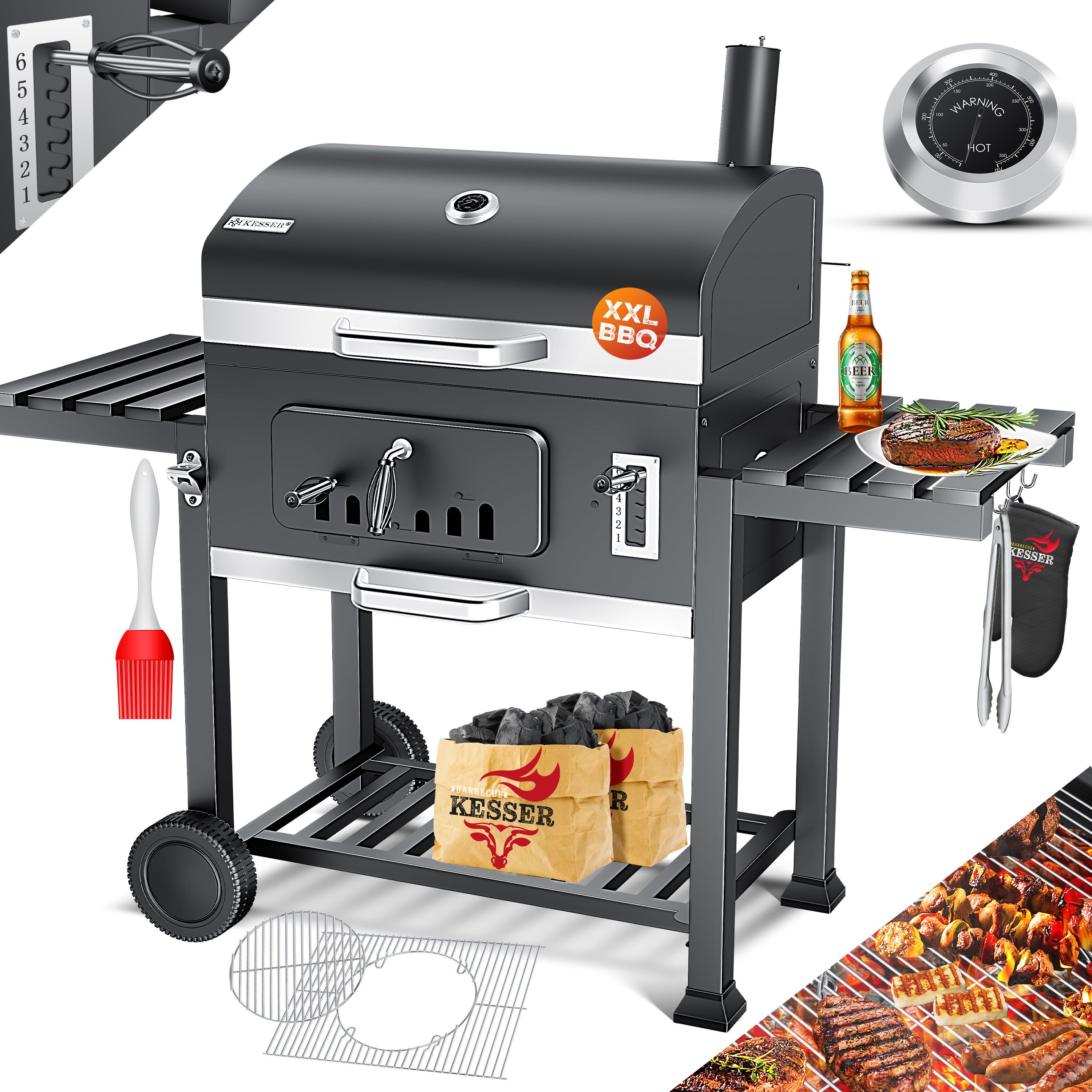 KESSER Holzkohlegrill Grill Grillwagen BBQ Smoker XXL Holzkohlegrill mit Deckel, Rädern, Edelstahl-Griff, Grillrost und Thermometer Standgrill Kohlegrillwagen