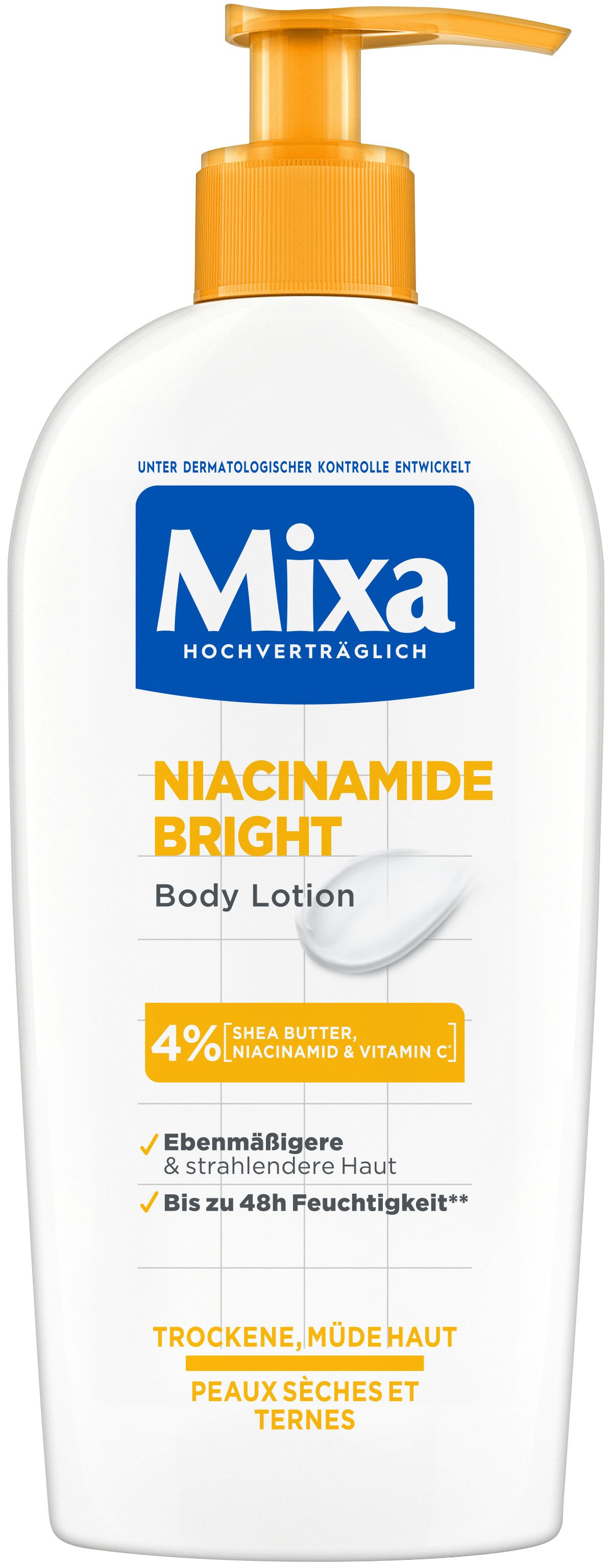 Mixa Körpermilch MIXA NIACINAMIDE BRIGHT BODY LOTION, Pflegt müde und trockene Haut, sorgt für bis zu 48h Feuchtigkeit.