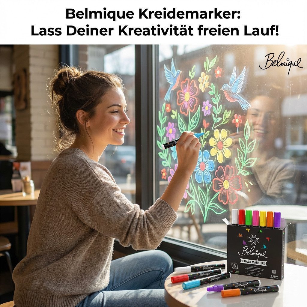 Belmique Malkreide Kreidemarker, (Set aus 8 bunte Farben, 8-tlg), Ideal für Tafel, Fenster, Whiteboard - Rund- & Schrägkeilspitze