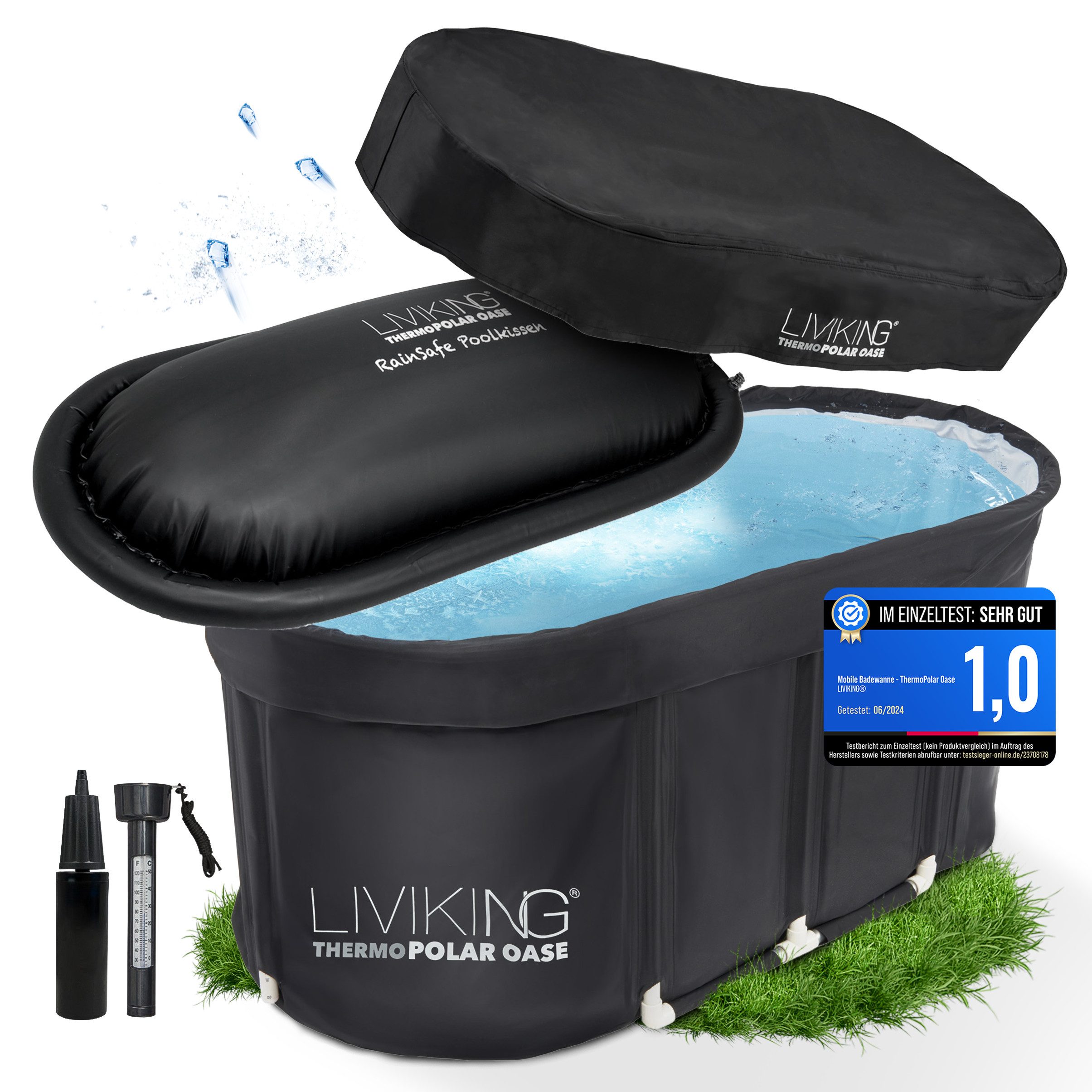 LIVIKING® Badewanne faltbar & Eisbad - 120cm KOMFORT - mobile Outdoor Badewanne Erwachsene, (WeatherPro-BUNDLE ThermoPolar Oase - ovale Sport Eistonne), ThermoPolar Isolierung, SolidShape Rahmen, Balkon Mini Pool Eisfass
