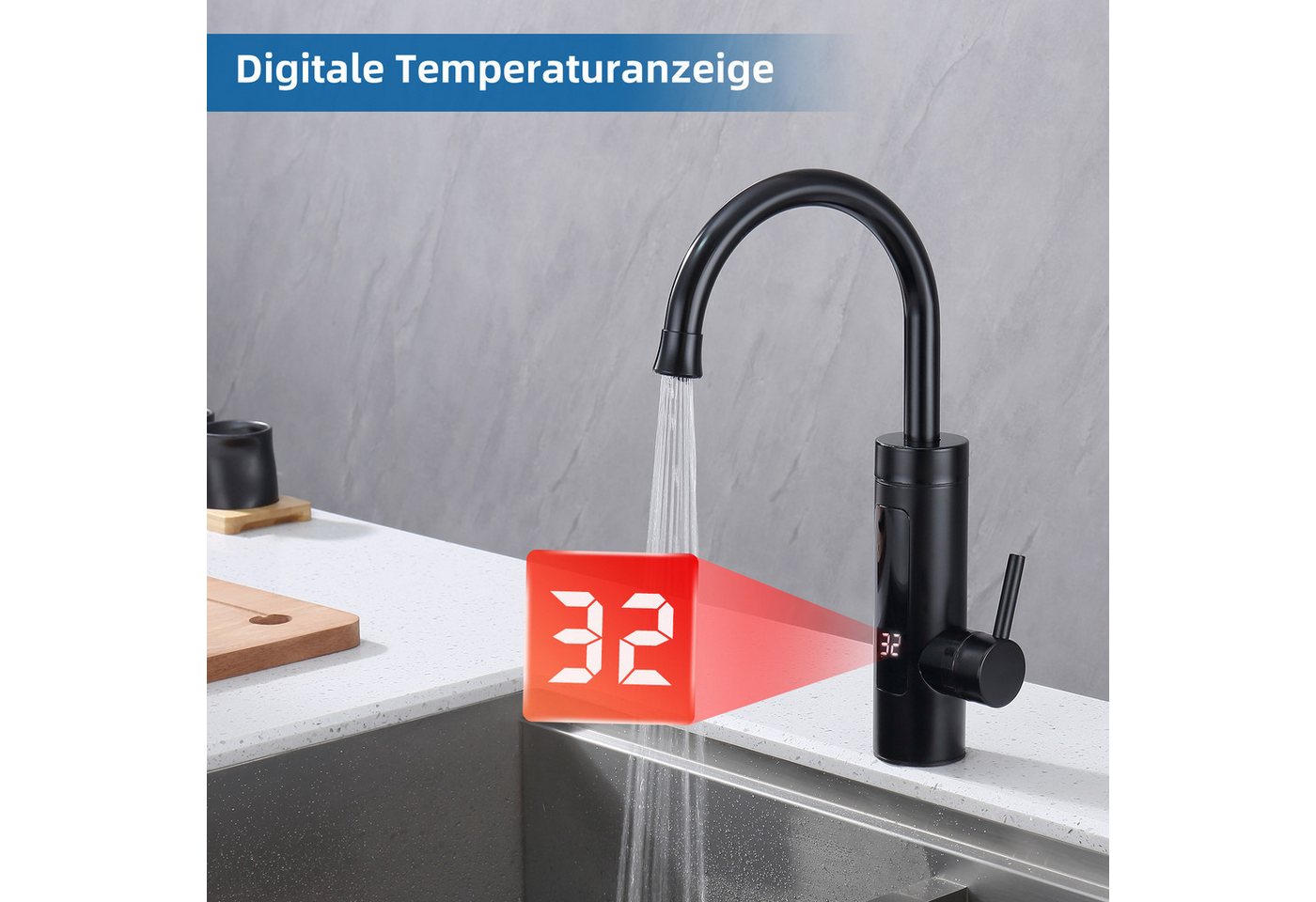 Thumbnail - HOMELIVE Küchenarmatur schwarz küchenarmatur mit durchlauferhitzer Wasserhahn 360° drehbar Wasserhahn Küche mit LED Temp...