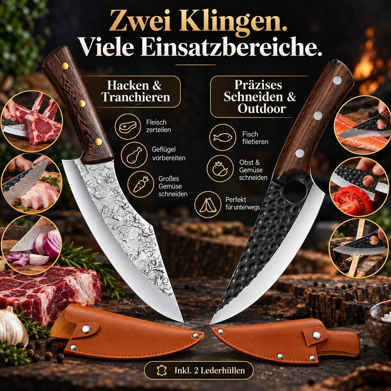 Diyarts Messer-Set 2er Butchermesser Set (hochwertiges Material mit Schutztasche, 2-tlg., Metzgermesser & Allzweckmesser), Edelstahlklingen, Holzgriff, gebogene – Bild 3 von 5