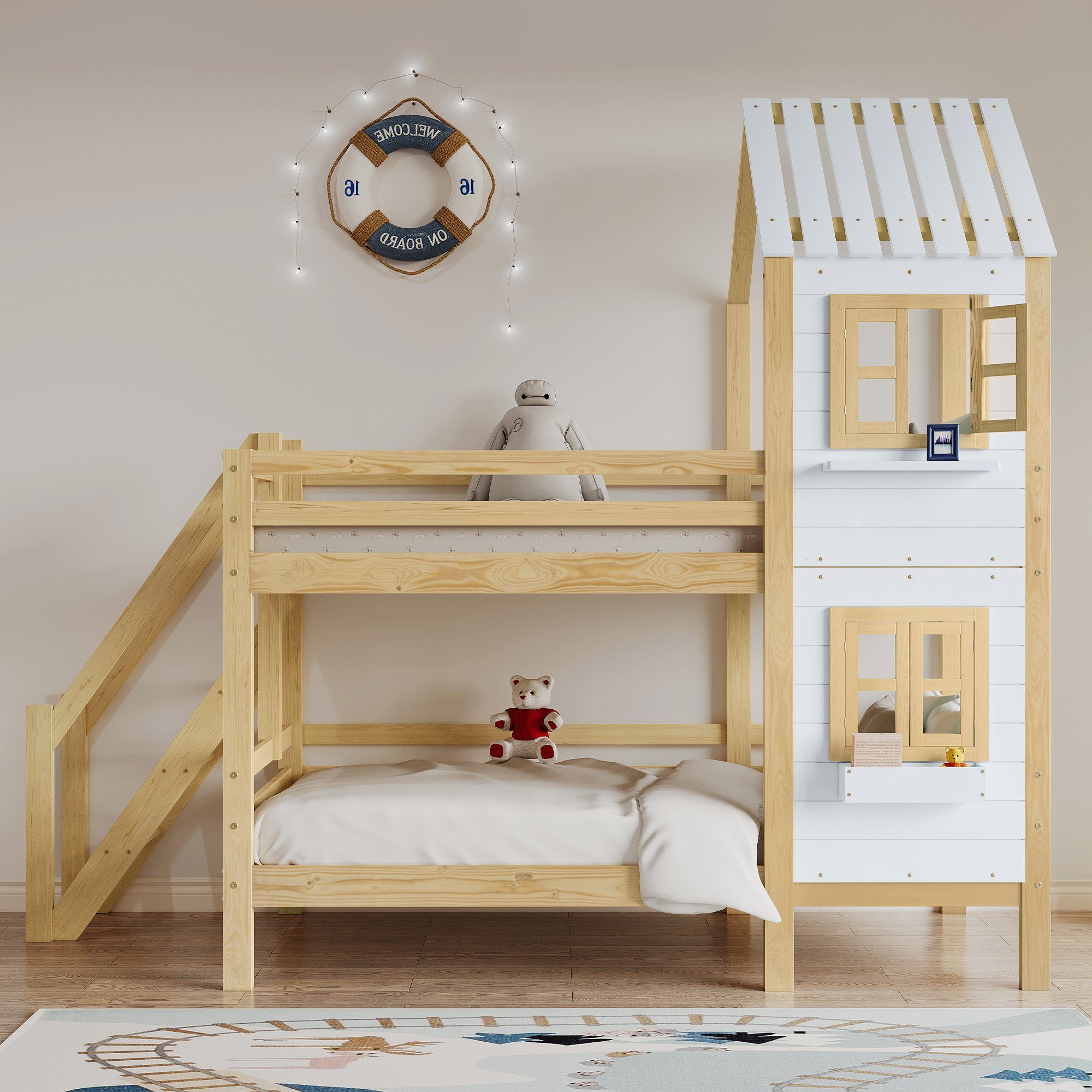 REDOM Bett und natur Matratze Kinderbett Etagenbett (mit Fallschutz Ohne 90x200cm, Gitter), Hausbett