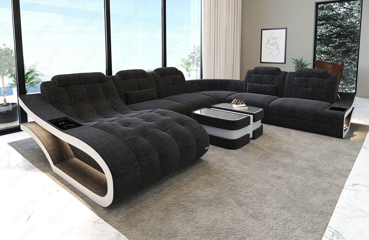 Sofa Dreams Wohnlandschaft Polster Stoffsofa Couch Elegante H XXL Form Stoff Sofa, wahlweise mit Bettfunktion schwarzgrau-weiß