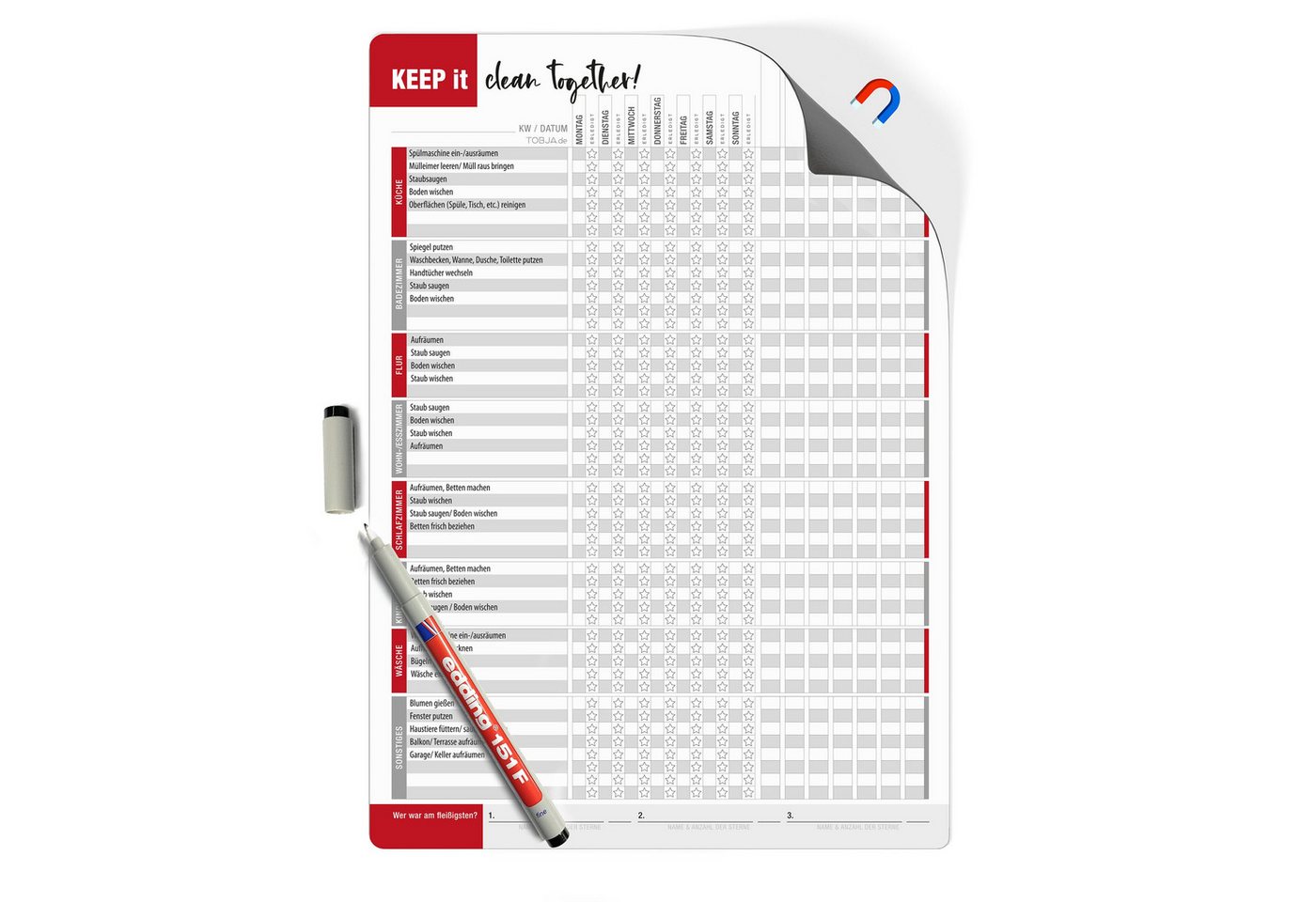 TOBJA Magnettafel Haushaltsplaner magnetisch Putzplan inkl. Stift, Whiteboard Familienplaner, Putzplan mit Belohnungssystem
