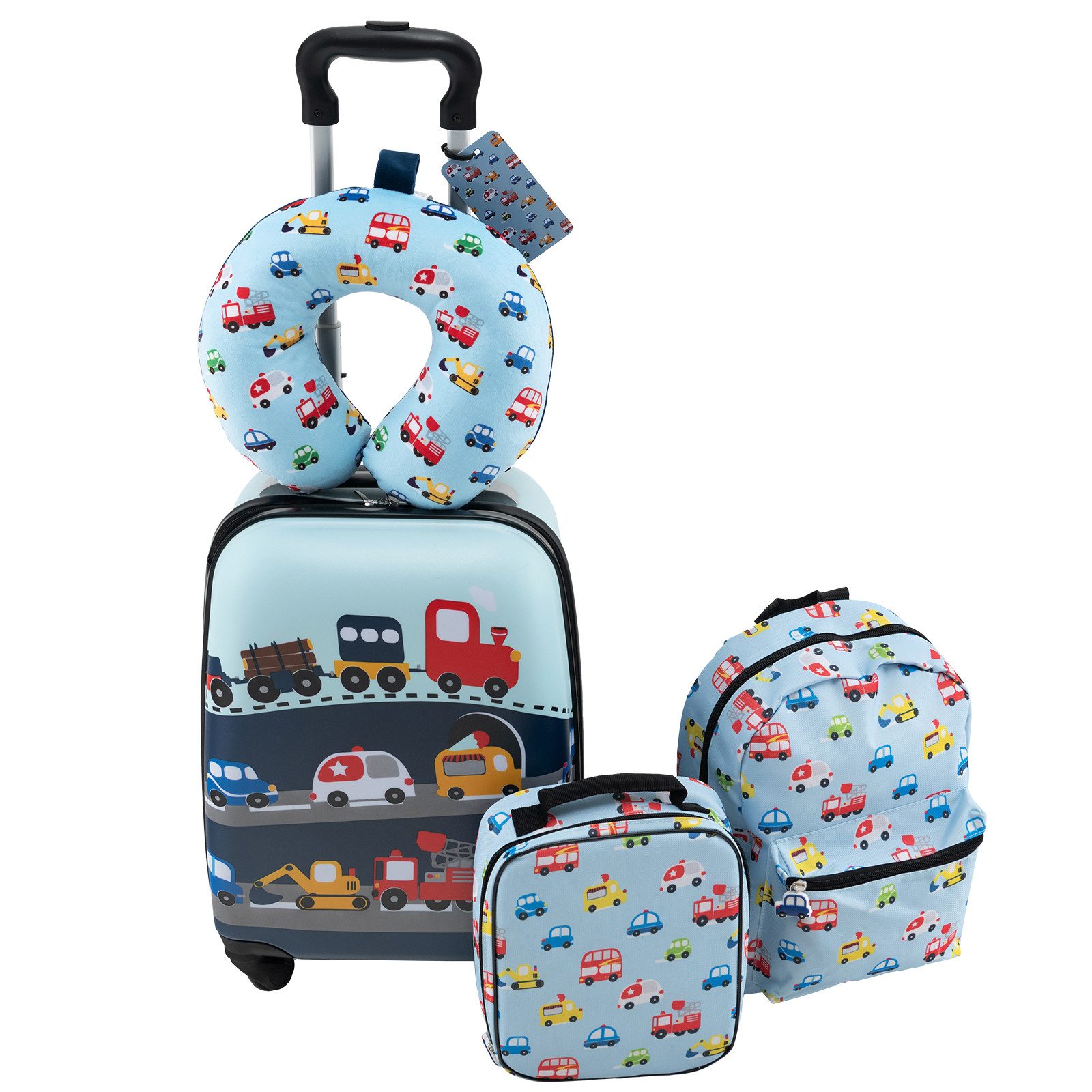 COSTWAY Kinderkoffer Set, 4 Rollen, 5 teiliges Trolley mit Handgepäck, Kissen