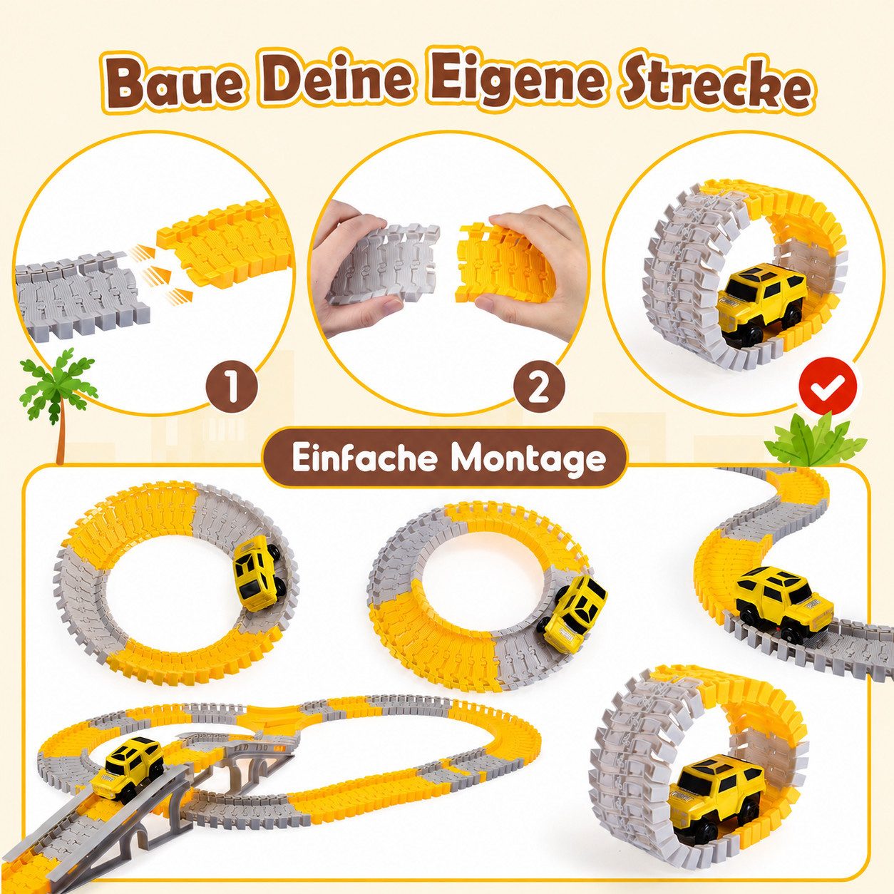 Wootoy Autorennbahn 256-teiliges Baustellen-Rennstrecken-Set mit 5 Spielzeugautos, (Y-Weichen Brücken Verkehrsschilder und Bäume, 256-tlg., 4 Baufahrzeuge mit beweglichen Arbeitsarmen), Spielset mit Streckenelementen für kleine Fahrzeug- und Baustellenfans