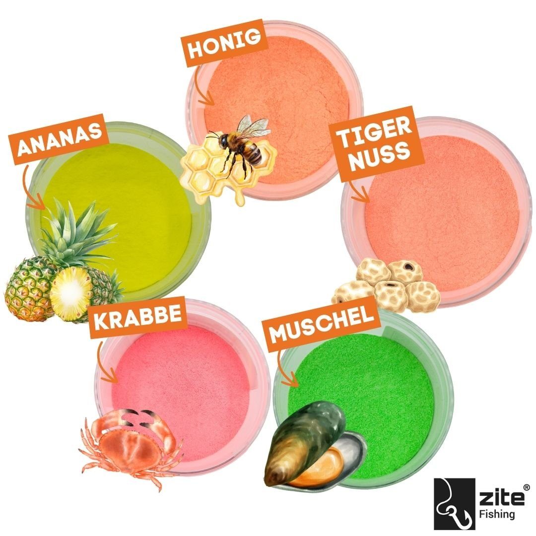 Zite Fischlockstoff UV Boost Powder Set - 5x50g Bait Dip für Karpfenangler in 5 Aromen