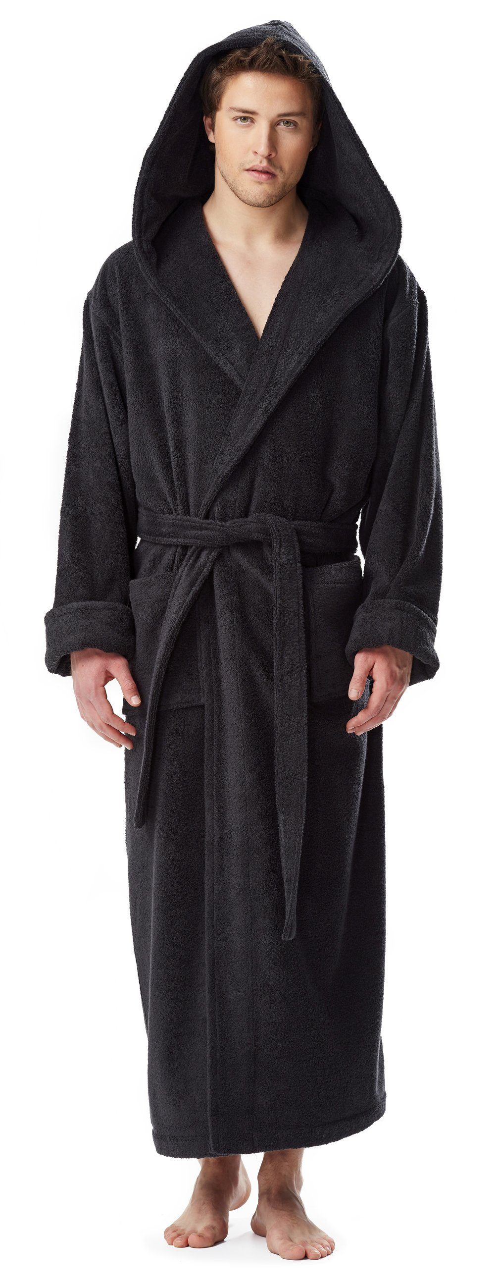 Herrenbademantel Arus lang, mit Baumwolle, Baumwolle Kapuze, 100% 100% extra Full, Schwarz Hood'n