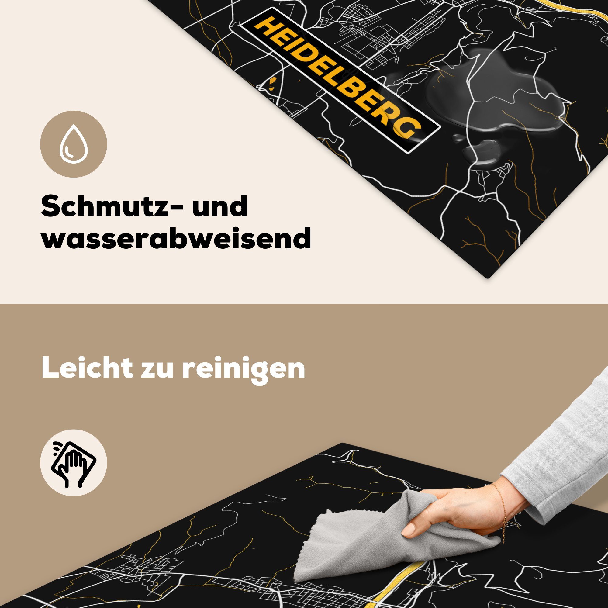 Heidelberg Arbeitsplatte - Deutschland Karte, küche Gold tlg), - - cm, Vinyl, Herdblende-/Abdeckplatte für Ceranfeldabdeckung, (1 - MuchoWow Stadtplan 78x78