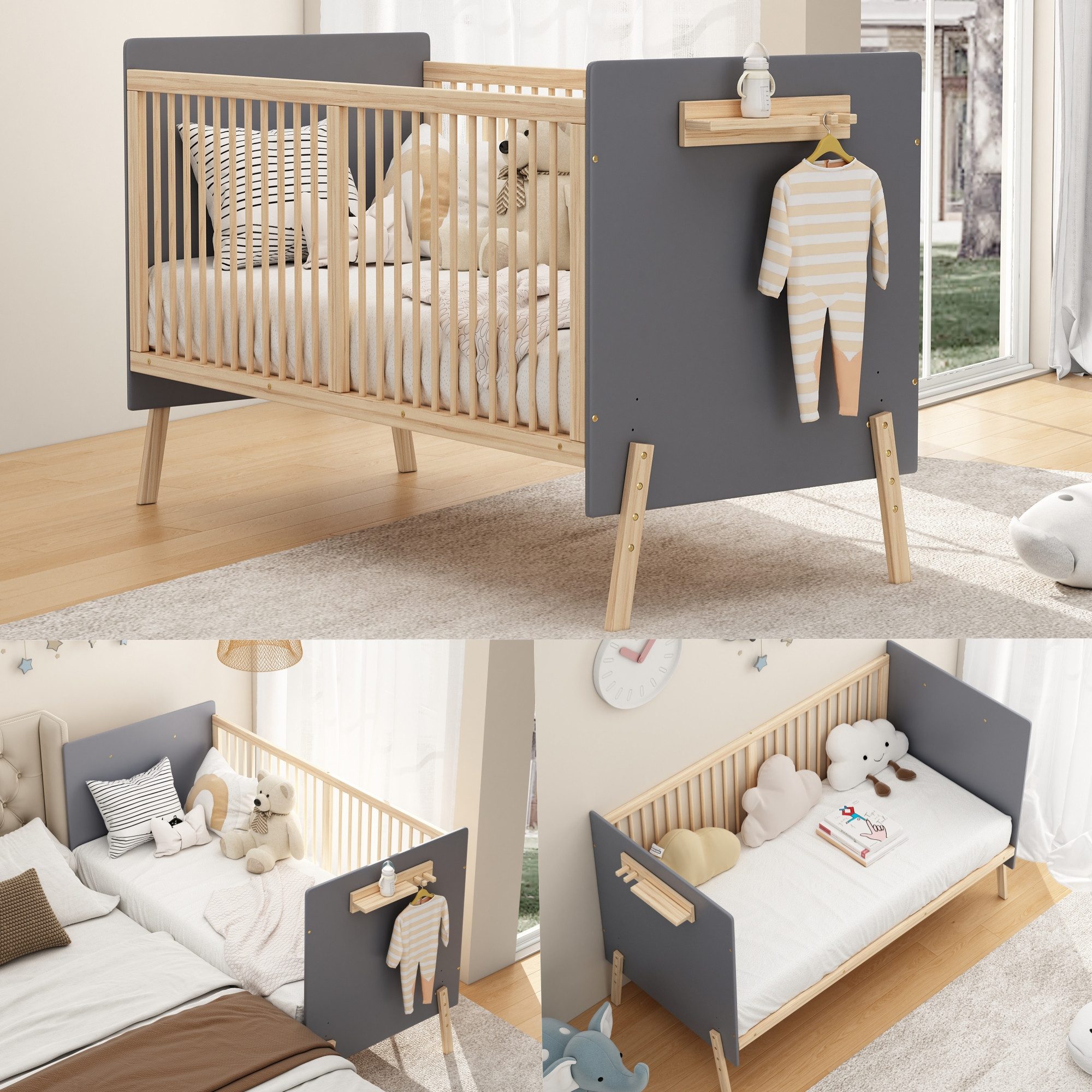 Odikalo Babybett Kinderbett mit Drei-stufiger Höhenverstellung, Als Anschlussbett/Sofabett nutzbar, Ohne Matratze, 140*70*86cm
