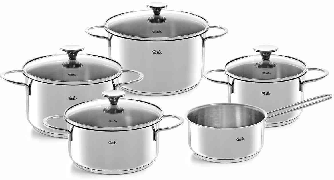 Fissler Topf-Set Copenhagen, Edelstahl 18/10 (Set, 9-tlg., Bratentopf 20 cm, je 1 Kochtopf 16/20/24 cm, Stielkasserolle 16 cm), Töpfe mit Glasdeckel, Mess-Skala, Induktion, backofengeeignet