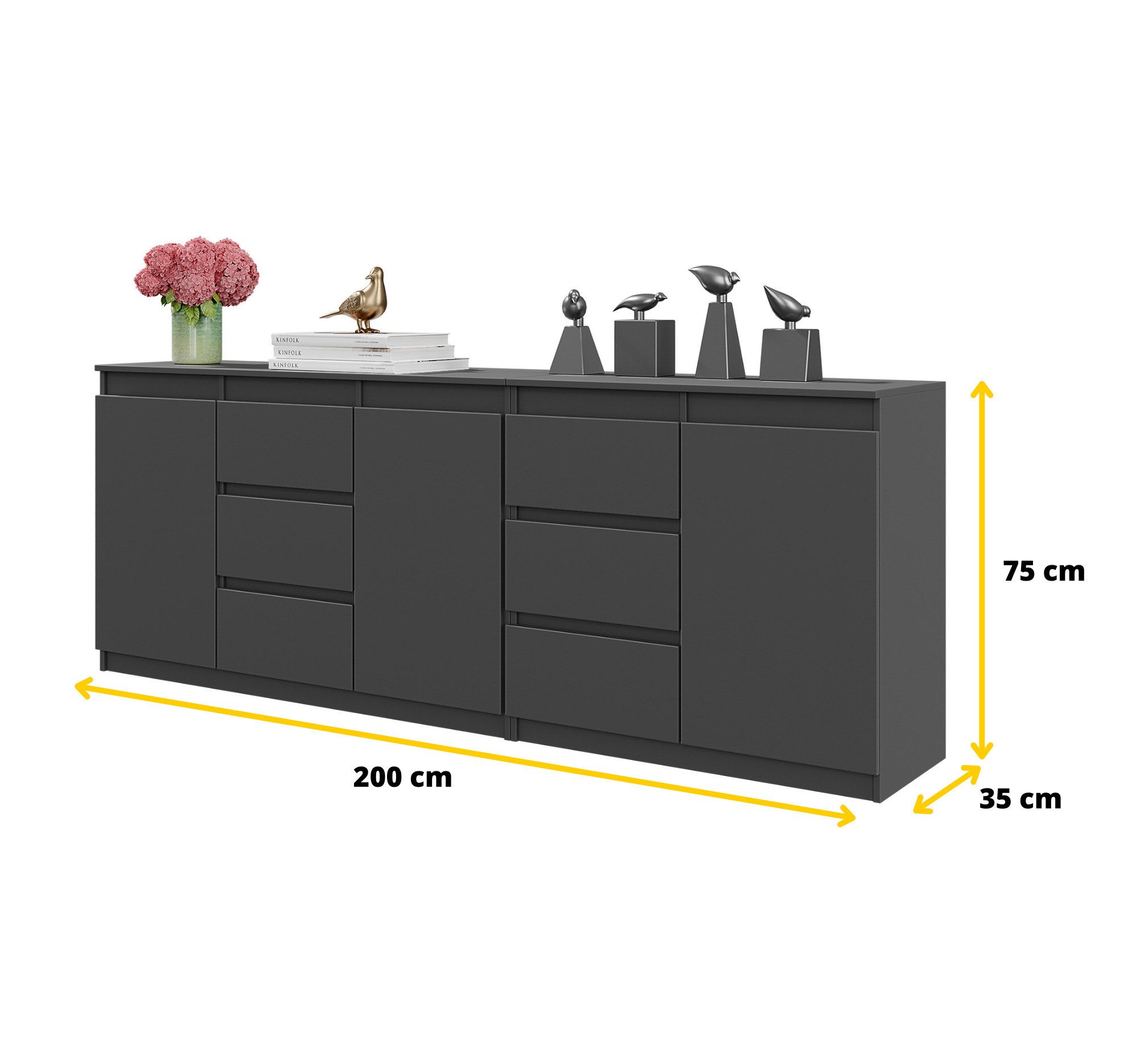 Furnica Kommode Anthrazit 200 cm mit 6 Schubladen und 3 Türen- Wohn-und Schlafzimmer