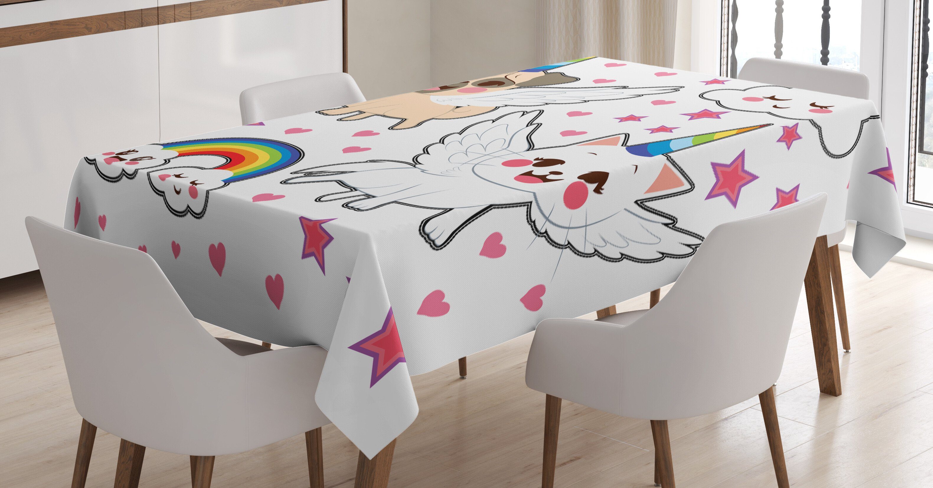Tischdecke Abakuhaus Stil Bereich Für geeignet Comic-Pop-Art Klare Außen Waschbar Farben, Einhorn-Katze den Farbfest