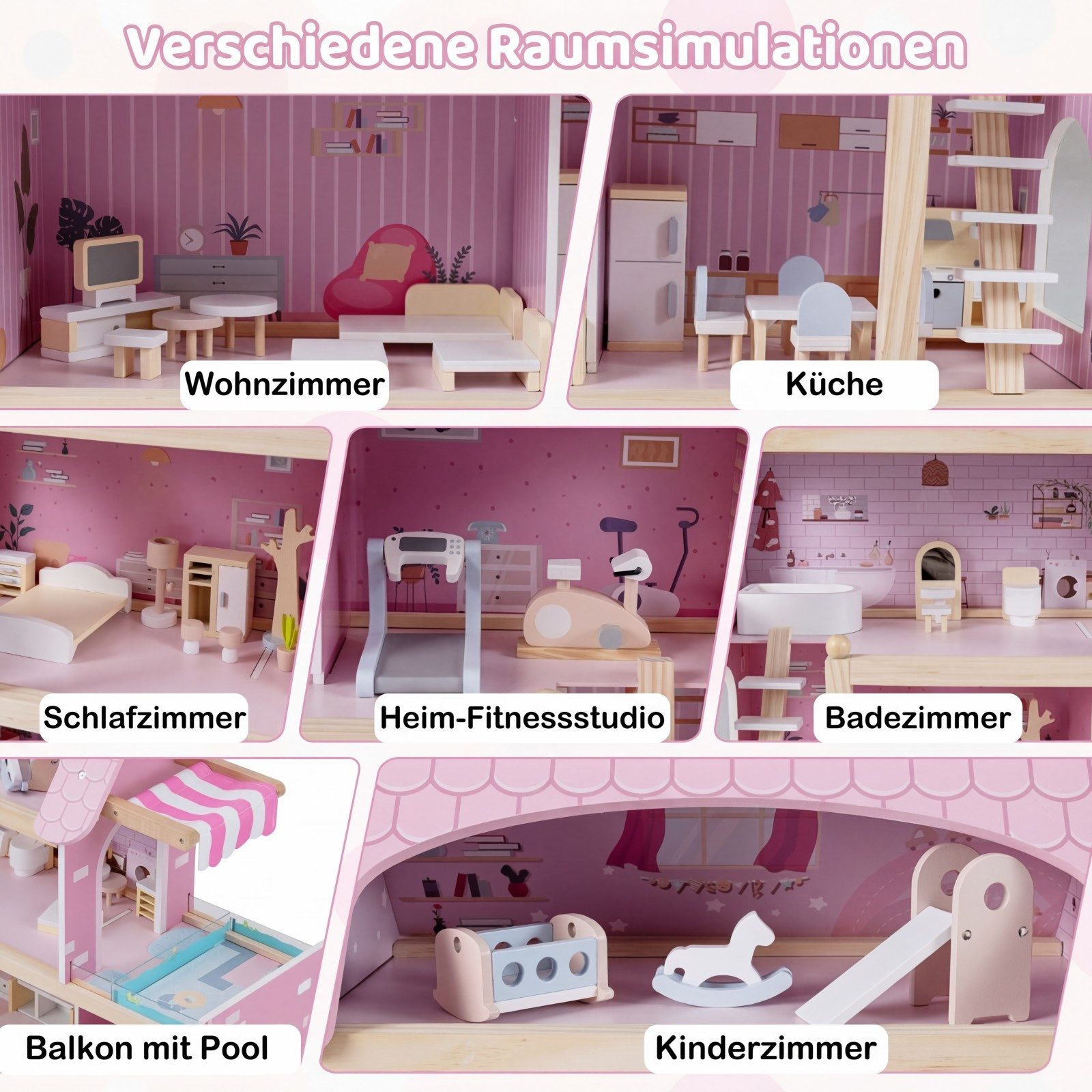 COSTWAY Puppenhaus, Holz, Kinder Dollhouse mit 33 Möbelstücken ab 3 Jahren