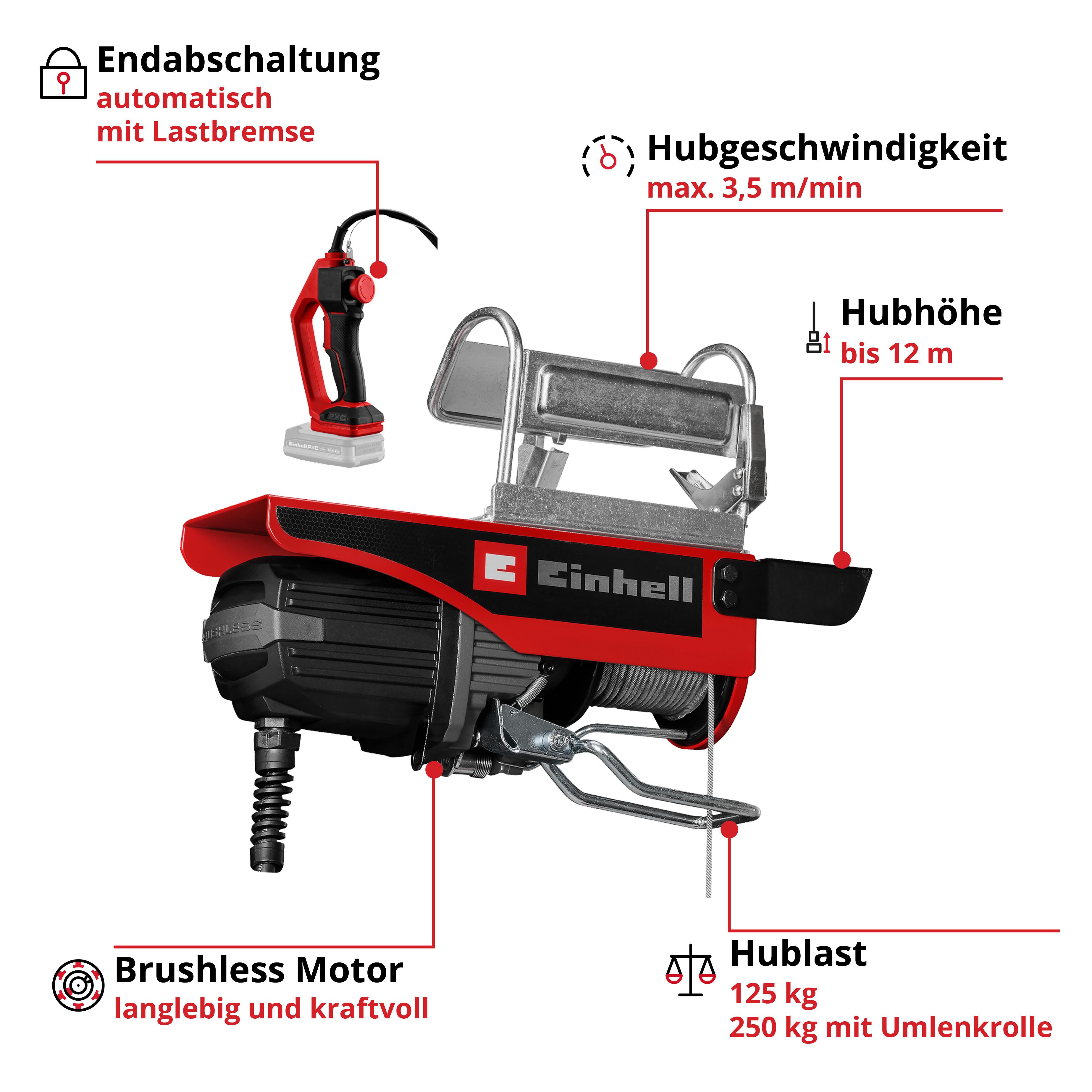 Einhell Seilzug TE-EH 18/250 Li BL-Solo, ohne Akku und Ladegerät