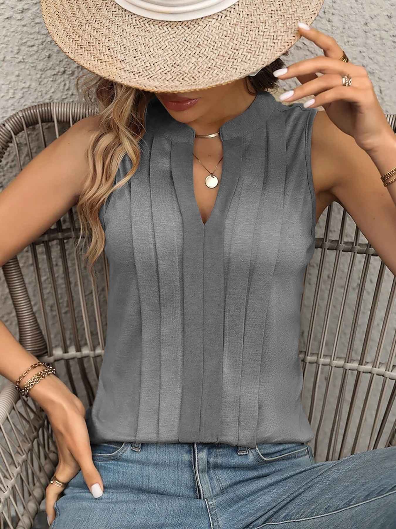 DEBAIJIA Kurzweste Damen Tank Top Plissee V-Ausschnitt Ärmellos T-Shirt Sommer Elegant – Bild 5 von 5