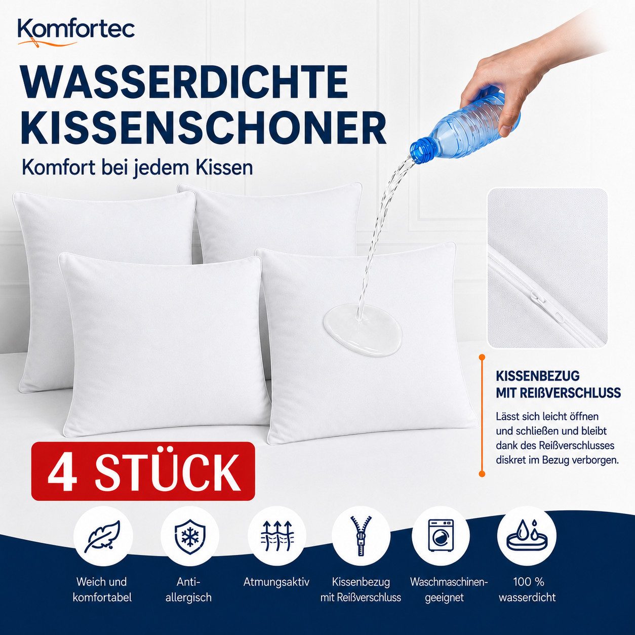 Komfortec Kissenbezüge Wasserdichter Kissenbezug Set, Hypoallergen Kopfkissenbezüge, (4 Stück), 40x80 cm mit Reißverschluss, Atmungsaktiv, Anti-Milben Kissenschoner