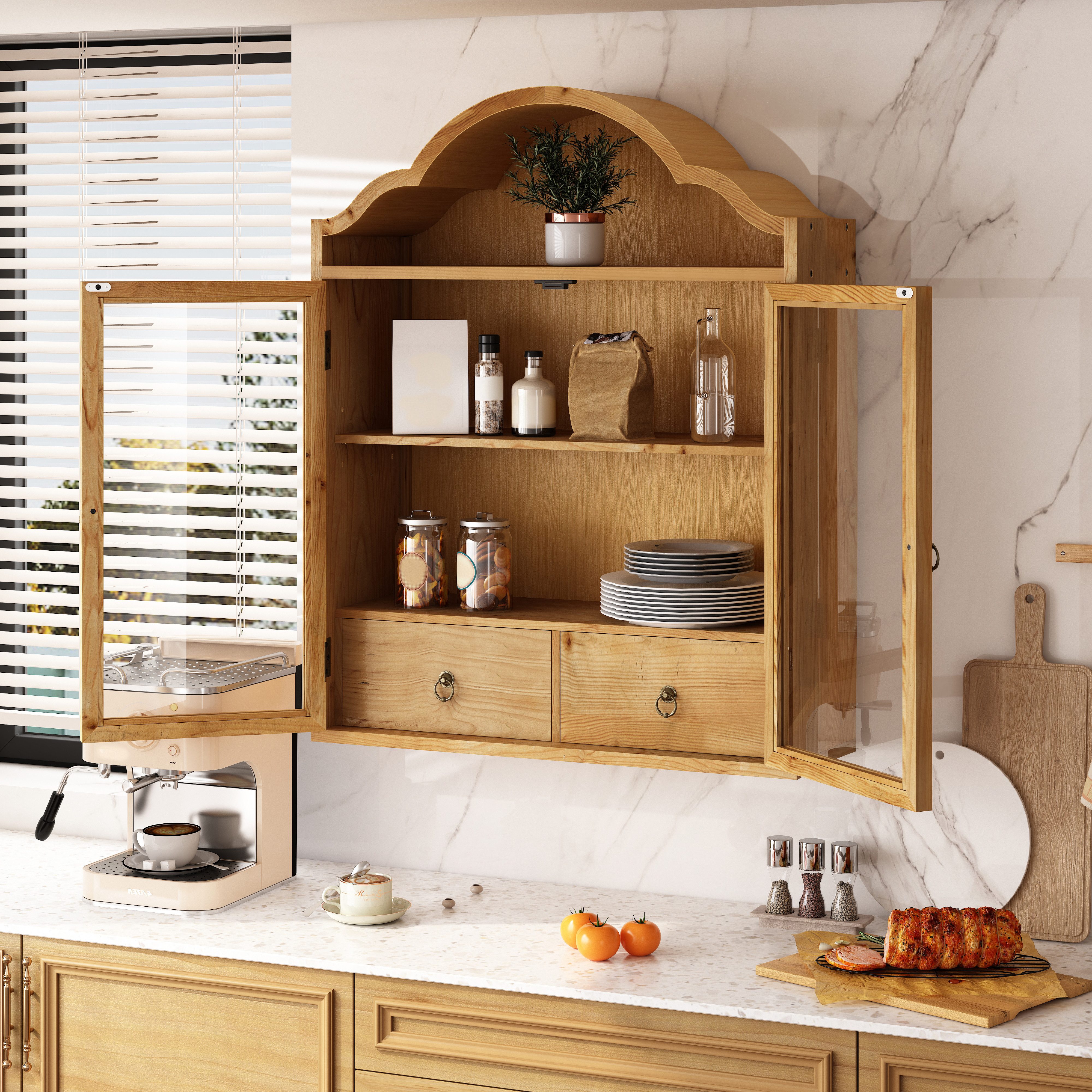 Celya Hängeschrank Retro Wandschrank Mit Geschwungenem Wellendach Und Schubladen (Einsetzbar Für Küche, Badezimmer, Esszimmer Und Wohnzimmer) mit verstellbaren  – Bild 4 von 5