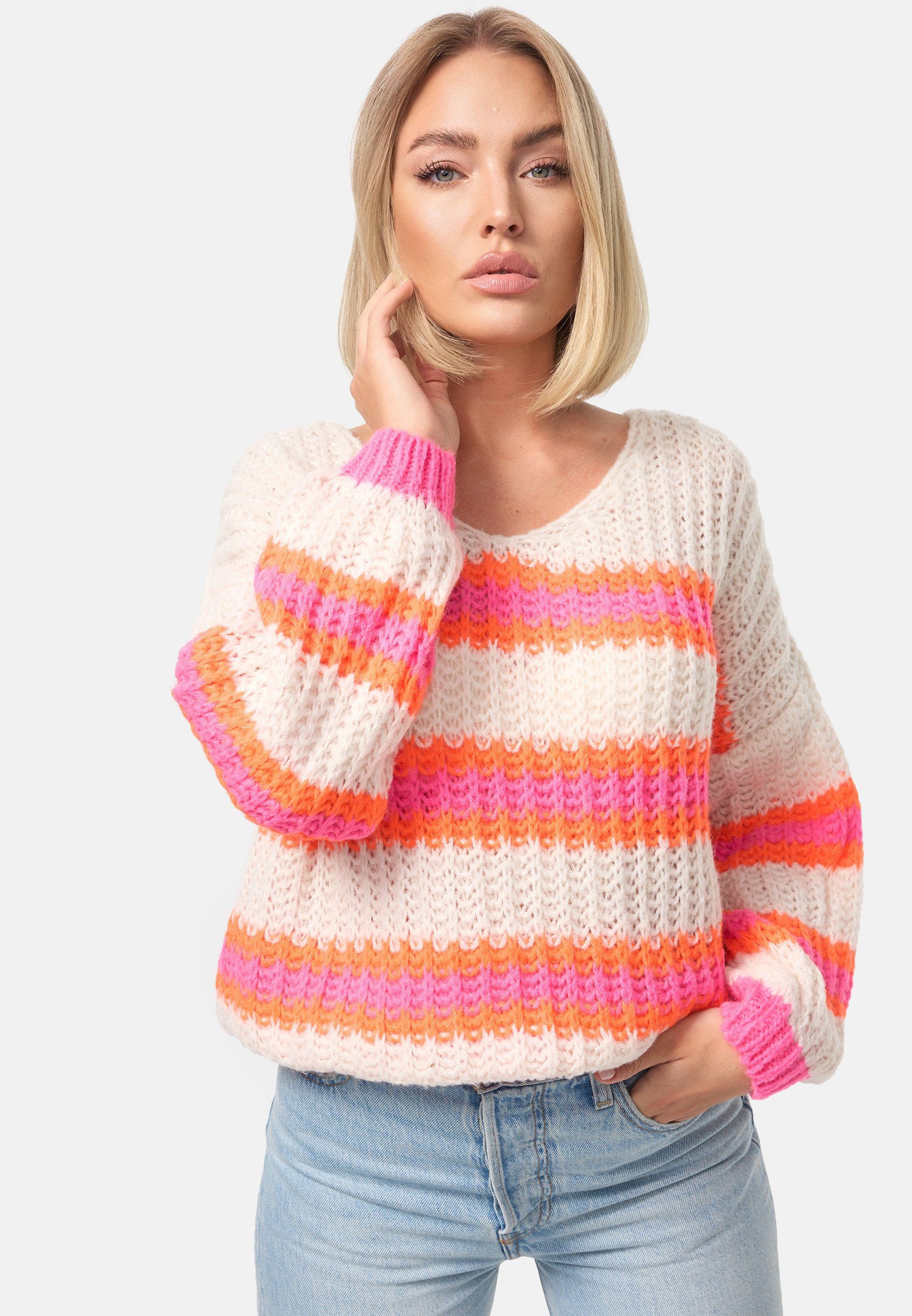 Rayshyne Strickpullover PM-01 (Kuscheliger Bunter Pullover Gestreifter Pulli Einheitsgröße)
