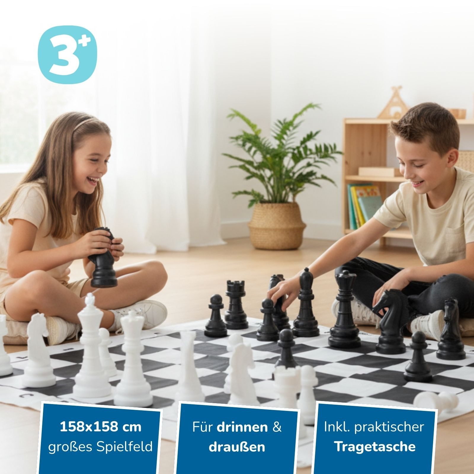 alldoro Spiel XXL Schach, großes Schachspiel für drinnen & draußen, Brettspielklassiker im Jumbo Format mit 158 x 158 cm großem Spielfeld