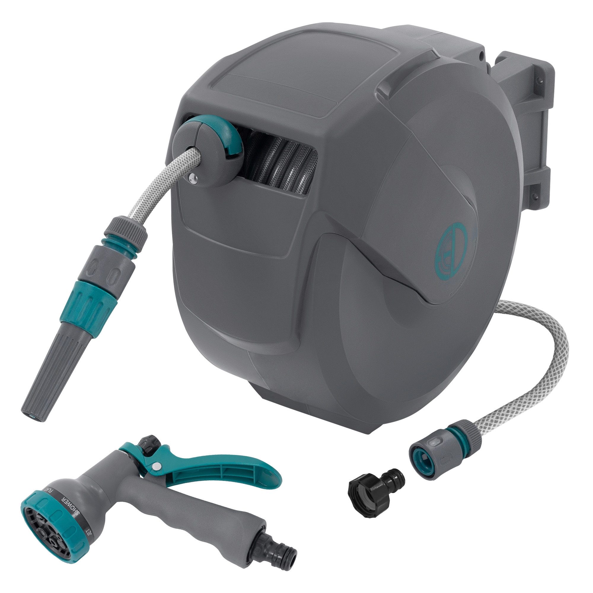ECD Germany Schlauchaufroller Schlauchtrommel mit Arretierstop 9 Sprühfunktionen 180° Schwenkbar, Schlauchtrommel 15m+1,5m Arretierstop 9 Funktionen 180° Schwenkbar