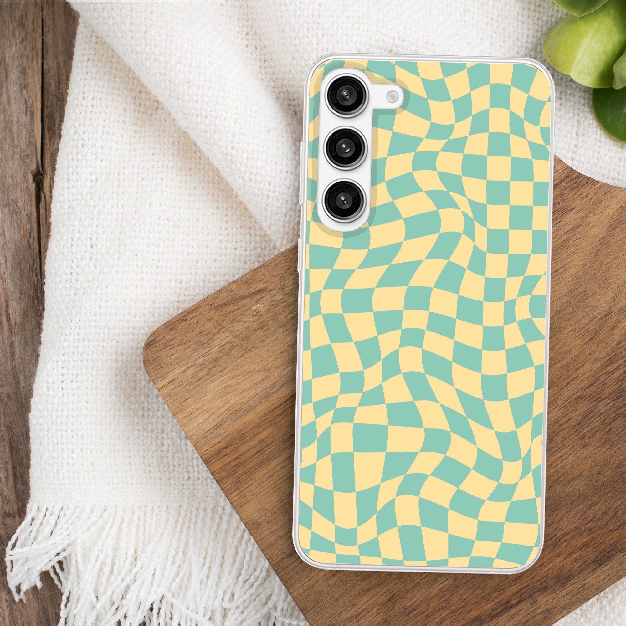 MuchoWow Handyhülle für Samsung Galaxy S23 Plus Quadratisches Muster - Gelb - Blau - Welle, Phone Case, Silikon, Schutzhülle Dünn