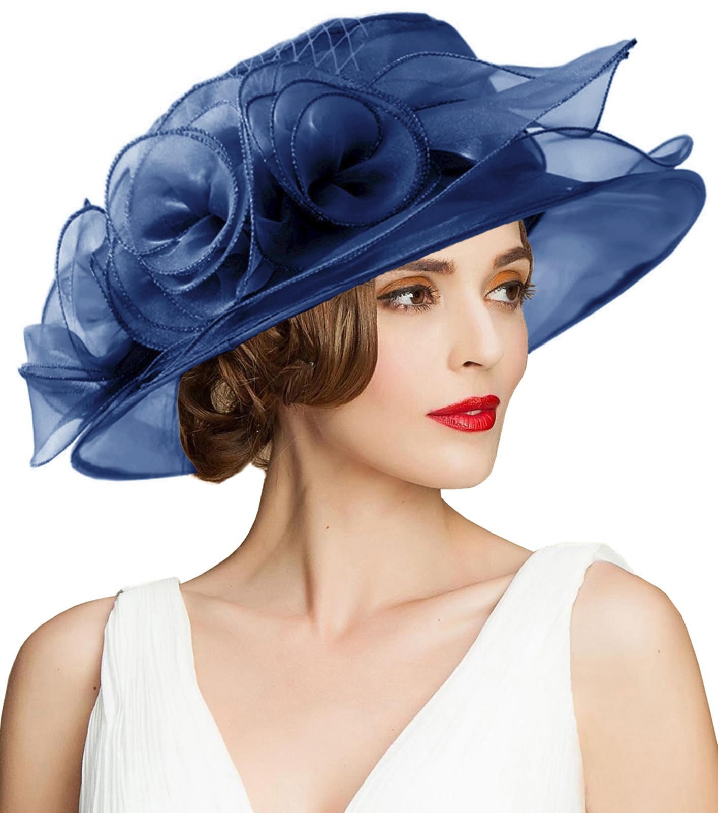 Bwecuy Sonnenhut Damenhut mit breiter Krempe, Blumen- und Blattdekor ideal für Hochzeit, Kirche und Tea Party