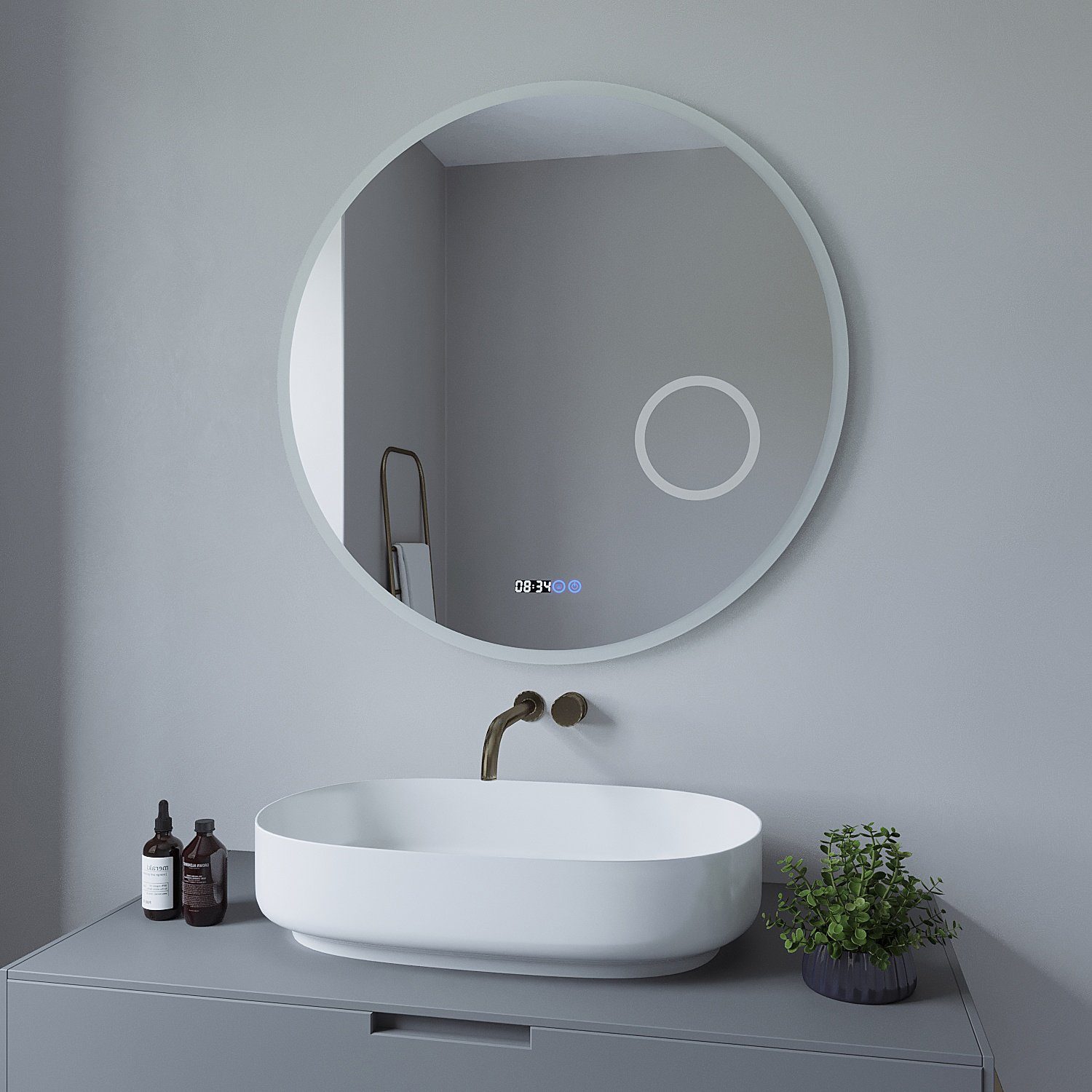 badezimmerspiegel, Bad Lichtspiegel mit Wandspiegel Beleuchtung Badspiegel rund 3-fach-Vergrößerung,Kaltweiß,dimmbar,Digitaluhr,beschlagfrei AQUABATOS