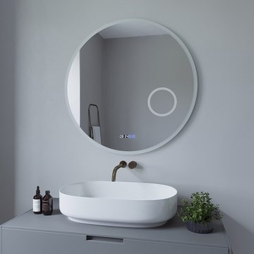 AQUABATOS Wandspiegel Badspiegel mit Beleuchtung rund Lichtspiegel Bad badezimmerspiegel, 3-fach-Vergrößerung,Kaltweiß,dimmbar,Digitaluhr,beschlagfrei