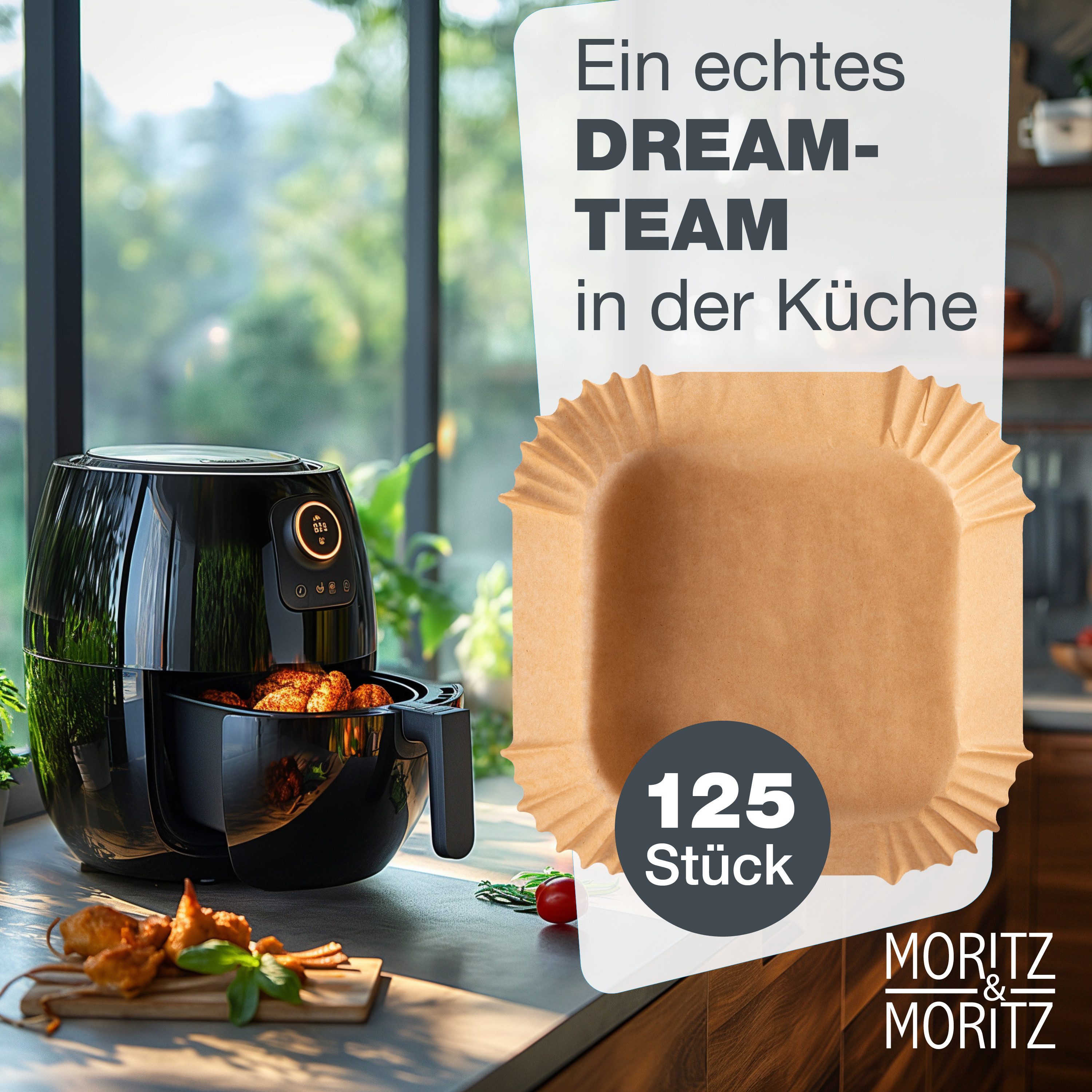 Moritz & Moritz Backpapier für Airfryer 125Stk. Backpapier Eckig 16x16 cm, 125Stk. für 5-8 L Heißluftfritteuse & Backofen