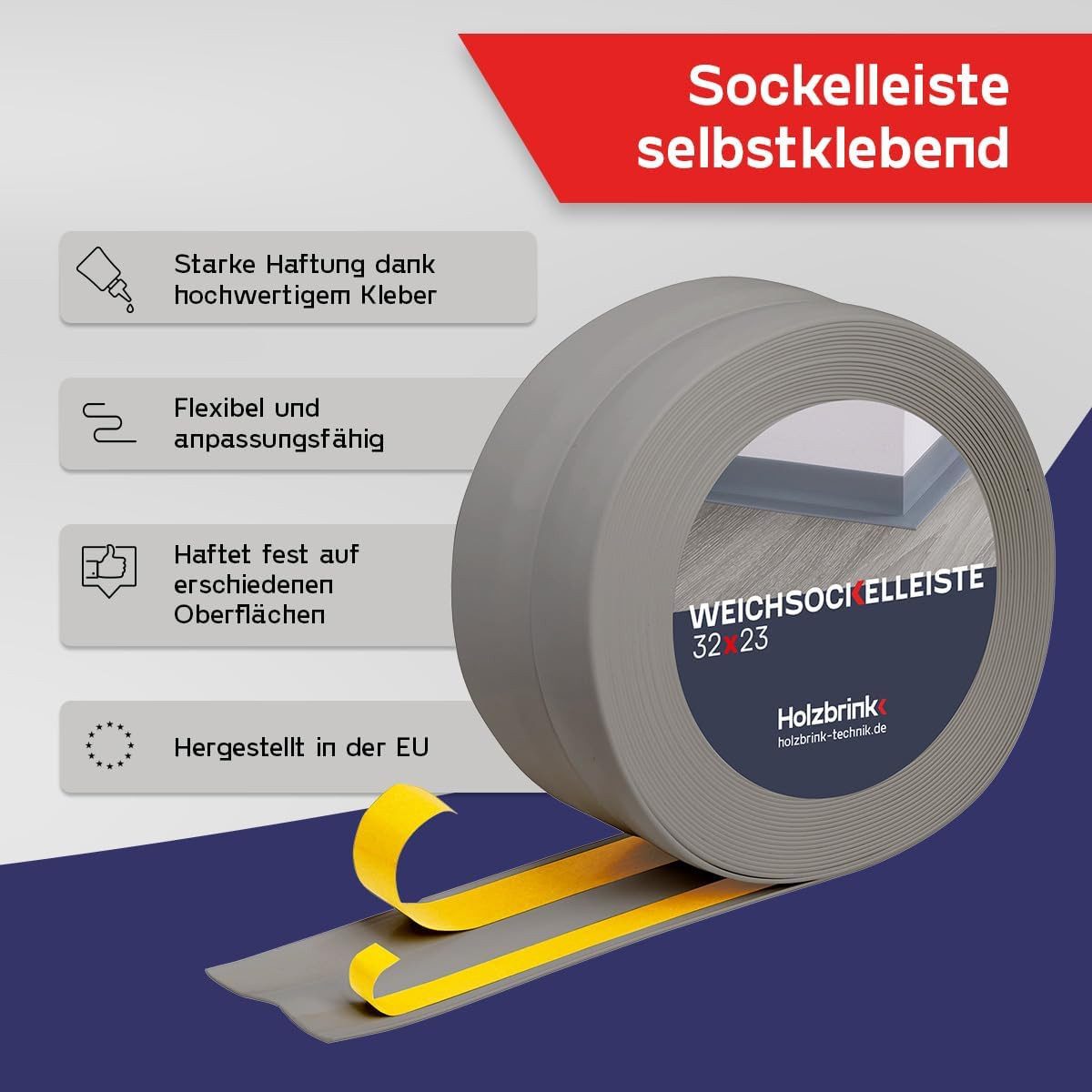 HOLZBRINK Sockelleiste HOLZBRINK selbstklebend PVC 32x23mm, 1 m, L: 100 cm, 1m Rolle, Küchenleiste Abschlussleiste für Badezimmer Farbe: Hellgrau
